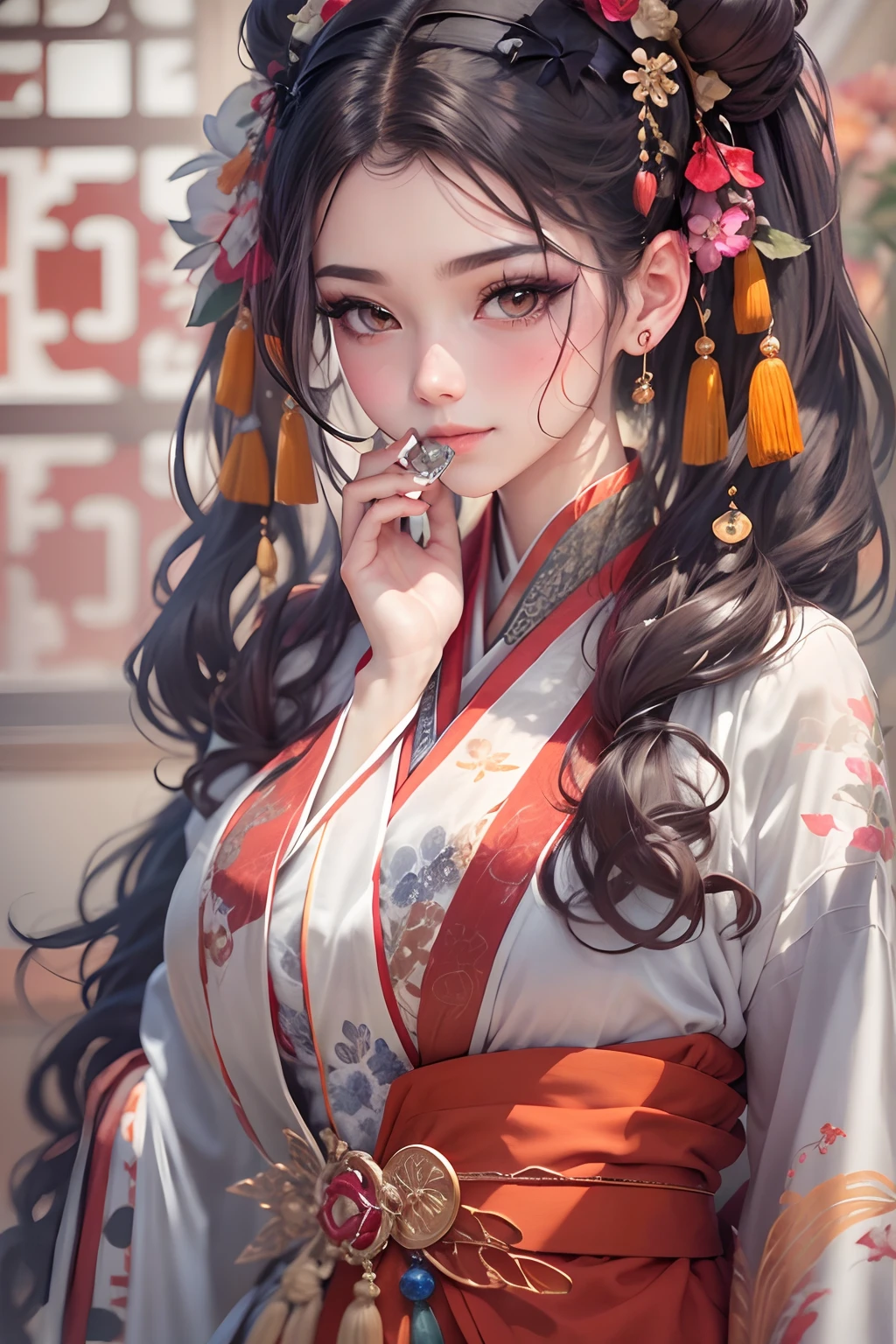 black hair, hair in buns, jade hairpin, long eyelashes, solid circle eyes, light smile, ear blush, Surrealism, drop shadow, atmospheric perspective, 8k, super detail, accurate, best quality, colorful, masterpiece, youthful appearance, delicate features, flawless skin. bishoujo girl, elegance, grace, beautiful red tang dynasty hanfu, epitome of beauty and femininity, 1girl, holding a fan