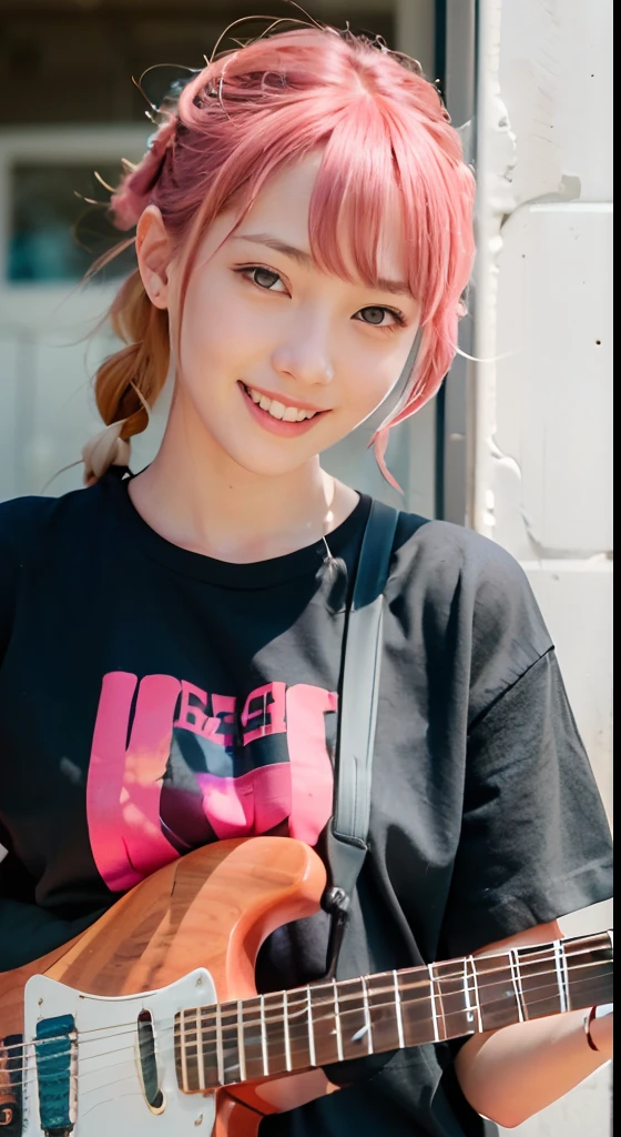 a closeup、faces、(A smile:1.5),(facing front:1.2), An 18-year-old woman,(hi-top fade:1.3), 18year old, teens girl,no tail,(no tail),2D, masterpiece, top-quality, animesque, A detailed eye, A detailed face, girl with, Only 1 person,Pink Hair Medium Hair, (Pink hair), Ear Hair, small tits, Single braid, (Single braid), (Side braid), (Playing the Red Electric Guitar, 6 strings), Dark theme, Muted colors, High contrast, (Tuttos skin texture, Hyper-Realism, Soft light, sharp), Psychedelic T-shirt,