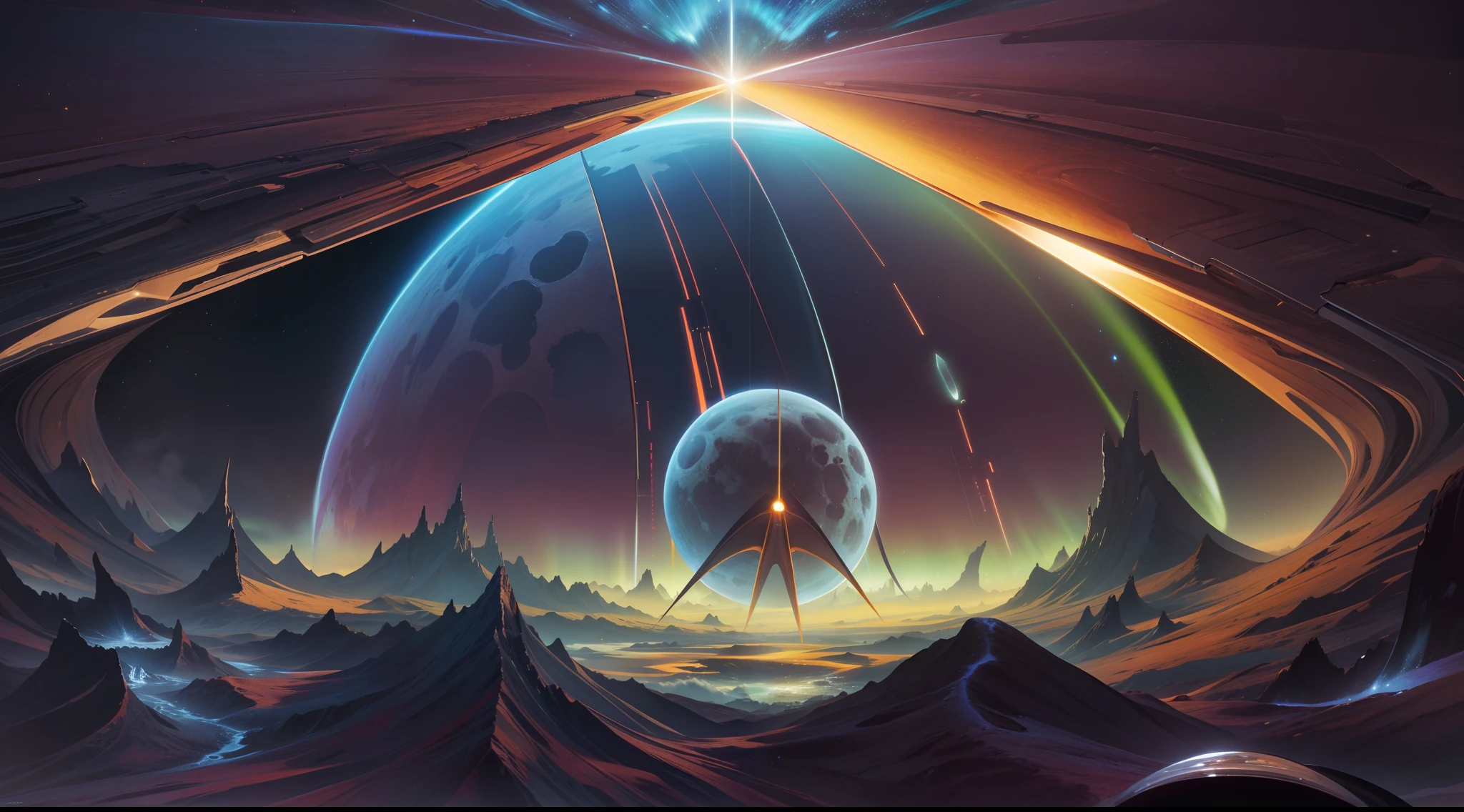 Nave espacial, alien, formas ovais, translucent metal, landing on a base of a planet in another galaxy, ambiente noturno, auroras, fractal, whisps, raios, Distant lands with alien vegetation, detalhes intrincados, Fictional art, arte de Clemilton Barbosa, premiado, obra prima, 16K