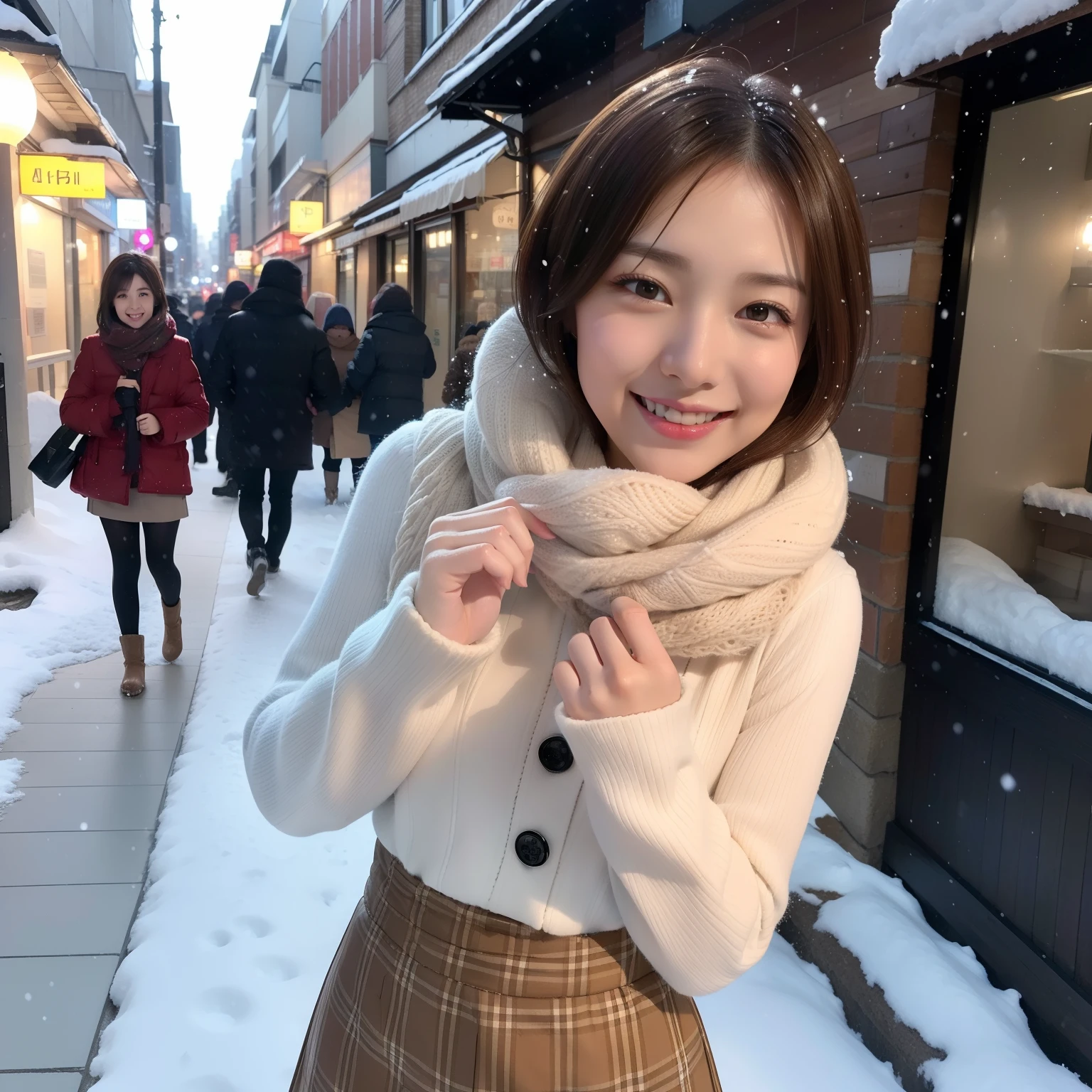 hyper quality,highly detailed,(ultra high res),(realistic photo:1.2),smile,
((fine texture skin)),fine texture hair,light effect,
brown hair,slender,(It's snowing:1.1),short hair,
cute face like an idol,
beautiful Japanese lady,young,wearing winter outfits and skirt,
wears a scarf around her neck,winter,city street