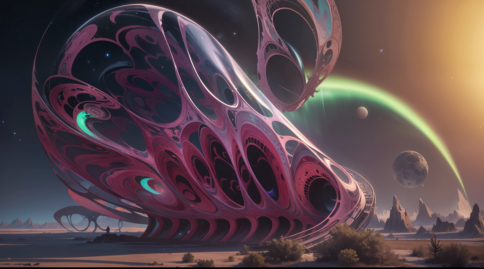 Nave espacial, alien, formas ovais, translucent metal, landing on a base of a planet in another galaxy, ambiente noturno, auroras, fractal, whisps, raios, Distant lands with alien vegetation, detalhes intrincados, Fictional art, arte de Clemilton Barbosa, premiado, obra prima, 16K