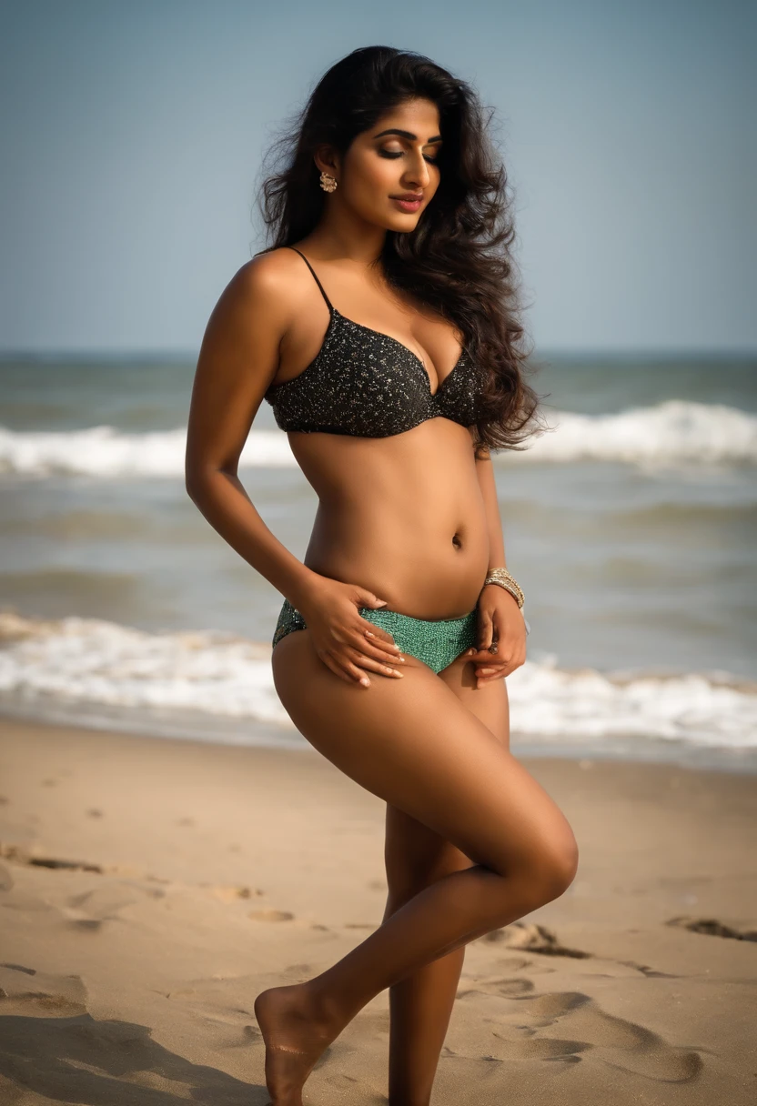 A indian big boobs and bigg ass girl in bra and panti standing on a beach