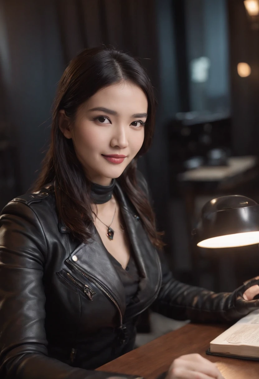 Wearing black leather gloves in both hands, upper body, black leather riders jacket, necklace on the chest, smiling at the desk in the modern study in the dark, long and straight black hair, young Japanese woman (black leather gloves covering both hands) with the fingers of black leather gloves, sitting on a leather chair, working on the computer, staring at the screen