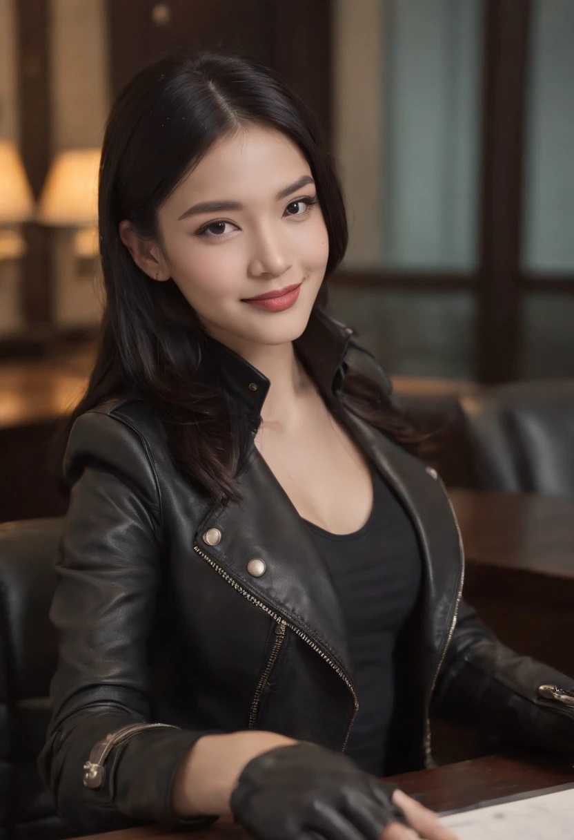Wearing black leather gloves in both hands, upper body, black leather riders jacket, necklace on the chest, smiling at the desk in the modern study in the dark, long and straight black hair, young Japanese woman (black leather gloves covering both hands) with the fingers of black leather gloves, sitting on a leather chair, working on the computer, staring at the screen