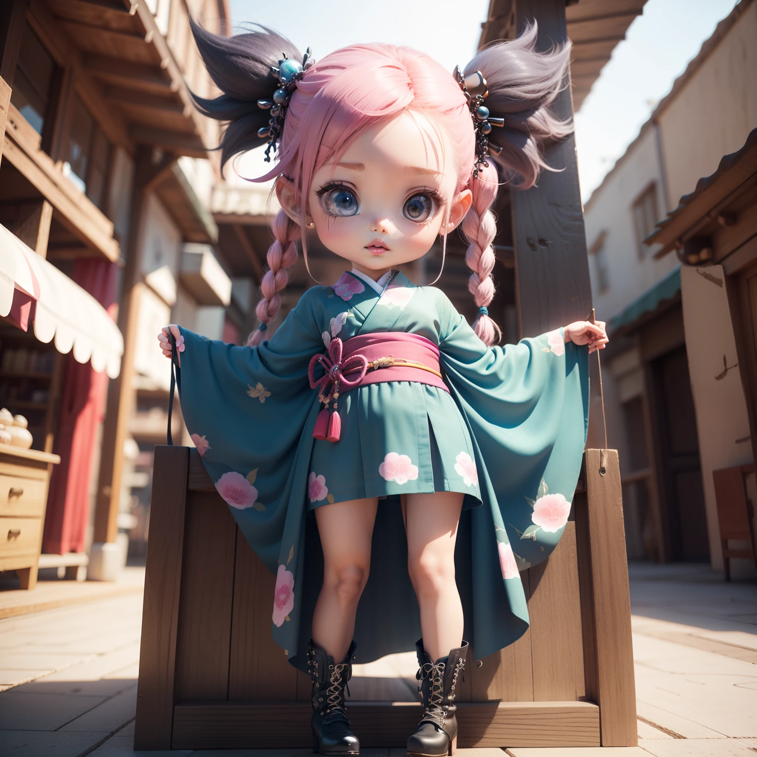 Cute Chibi Anime,(((chibi 3d))) (Best Quality) (Master Price)、Innovative Jewelry Decoration Costume Funa Kimono、Pale blue braided long hair、punk fashion、Amiage Boots、at school festival