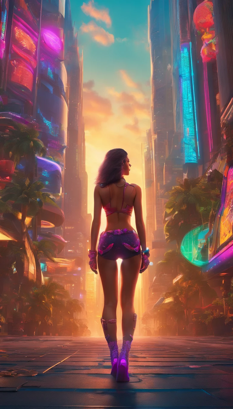 looking down on the camera，Cyberpunk Style，(Best quality,4K,A high resolution,Ultra-detailed:1.2),Vivid colors,Sharp focus,Physically-based rendering,Extreme detail description,professional,Portrait,Mechanical transparent waist,Long white cascading hair,Perfect facial features,Incredible breasts hang in front of you, Unbelievably exaggerated big buttocks, Wide hips, Incredibly long muscular legs take up two-thirds of the body,Glamorous knitted heels,Unbelievable,Extremely detailed eyes and face,Long eyelashes, Confident and powerful facial expressions,Stand in the futuristic garden, vibrant setting, Colorful flowers and plants,Soft sunlight casts a warm glow on the spot.