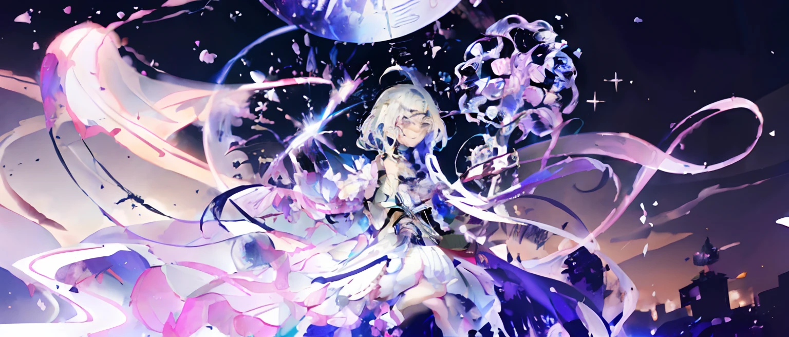 anime girl with a blue hair and white dress holding a blue and white object, white haired deity, sparkling magical girl, key anime art, ethereal anime, portrait of magical girl, style of magical girl, official artwork, lolish, anime key visual of elegant, splash art anime loli, key anime visuals, detailed key anime art, anime land of the lustrous