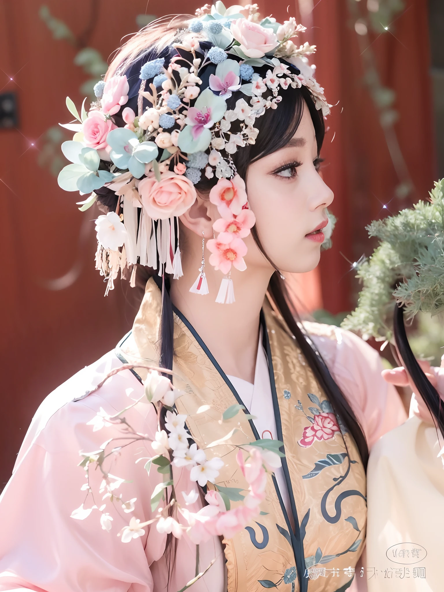 Araki woman in pink kimono，Wearing a flower crown, Palace ， A girl in Hanfu, Hanfu, Princesa chinesa antiga, Traditional beauty, Middle metaverse, White Hanfu, Wearing ancient Chinese clothes, China Princess, a beautiful fantasy empress, ((a beautiful fantasy empress)), Chinese costume, Chinese traditional, Chinese style, Traditional Chinese clothing