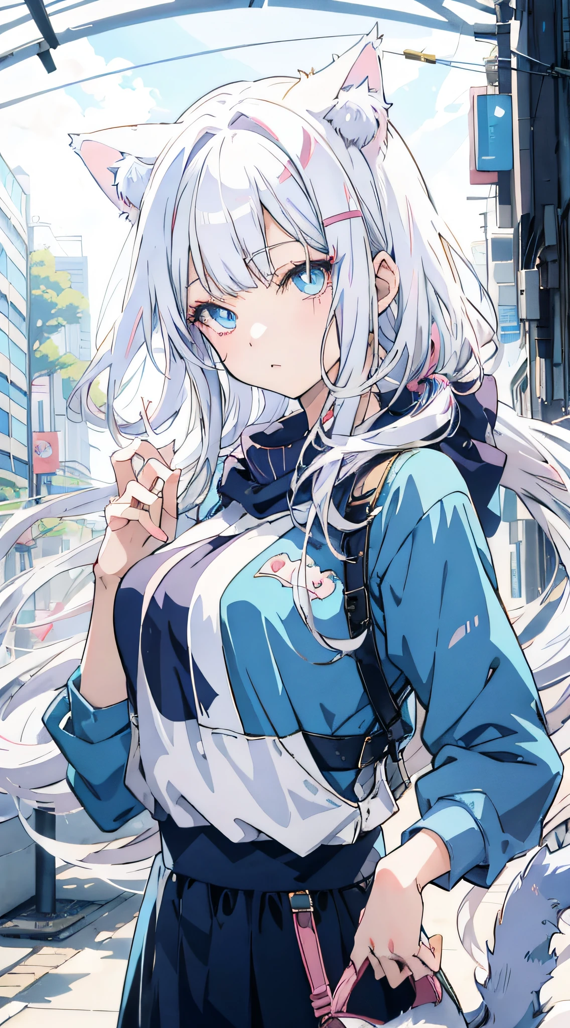 anime girl with white hair and blue eyes wearing a cat ears, anime catgirl, anime girl with cat ears, beautiful anime catgirl, cute anime catgirl, catgirl, girl with cat ears, nuksan, white cat girl, anime cat, anime style artwork, anime style portrait, anime moe art style, anime art style