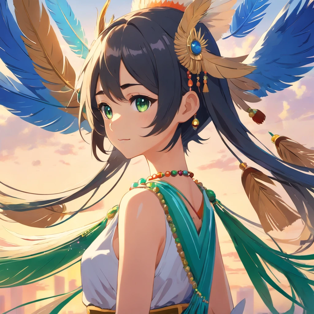 Anime Girl with Feather ears, wearing a indian-like fancy dress with beads and tassels, colors are green beige black gold white and blue, Bluebird Trill, masterpiece, best quality