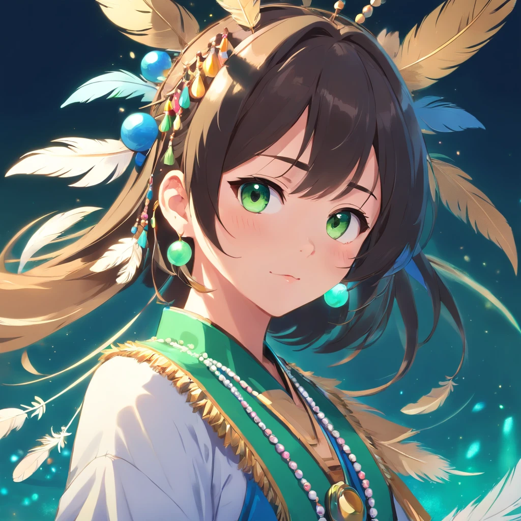 Anime Girl with Feather ears, wearing a indian-like fancy dress with beads and tassels, colors are green beige black gold white and blue, Bluebird Trill, masterpiece, best quality