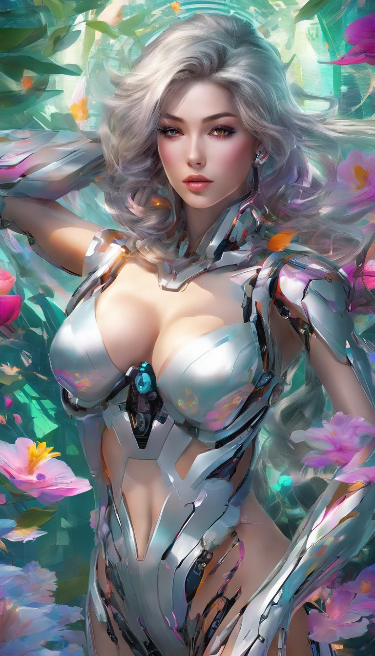 looking down on the camera,Cyberpunk Style,(Best quality,4K,A high resolution,Ultra-detailed:1.2),Vivid colors,Sharp focus,Physically-based rendering,Extreme detail description,professional,Portrait,Mechanical transparent waist,Long white cascading hair,Perfect facial features,Incredible breasts hang in front of you, Unbelievably exaggerated big buttocks, Wide hips, Incredibly long muscular legs take up two-thirds of the body,Glamorous knitted heels,Unbelievable,Extremely detailed eyes and face,Long eyelashes, Confident and powerful facial expressions,Stand in the futuristic garden, vibrant setting, Colorful flowers and plants,Soft sunlight casts a warm glow on the spot.