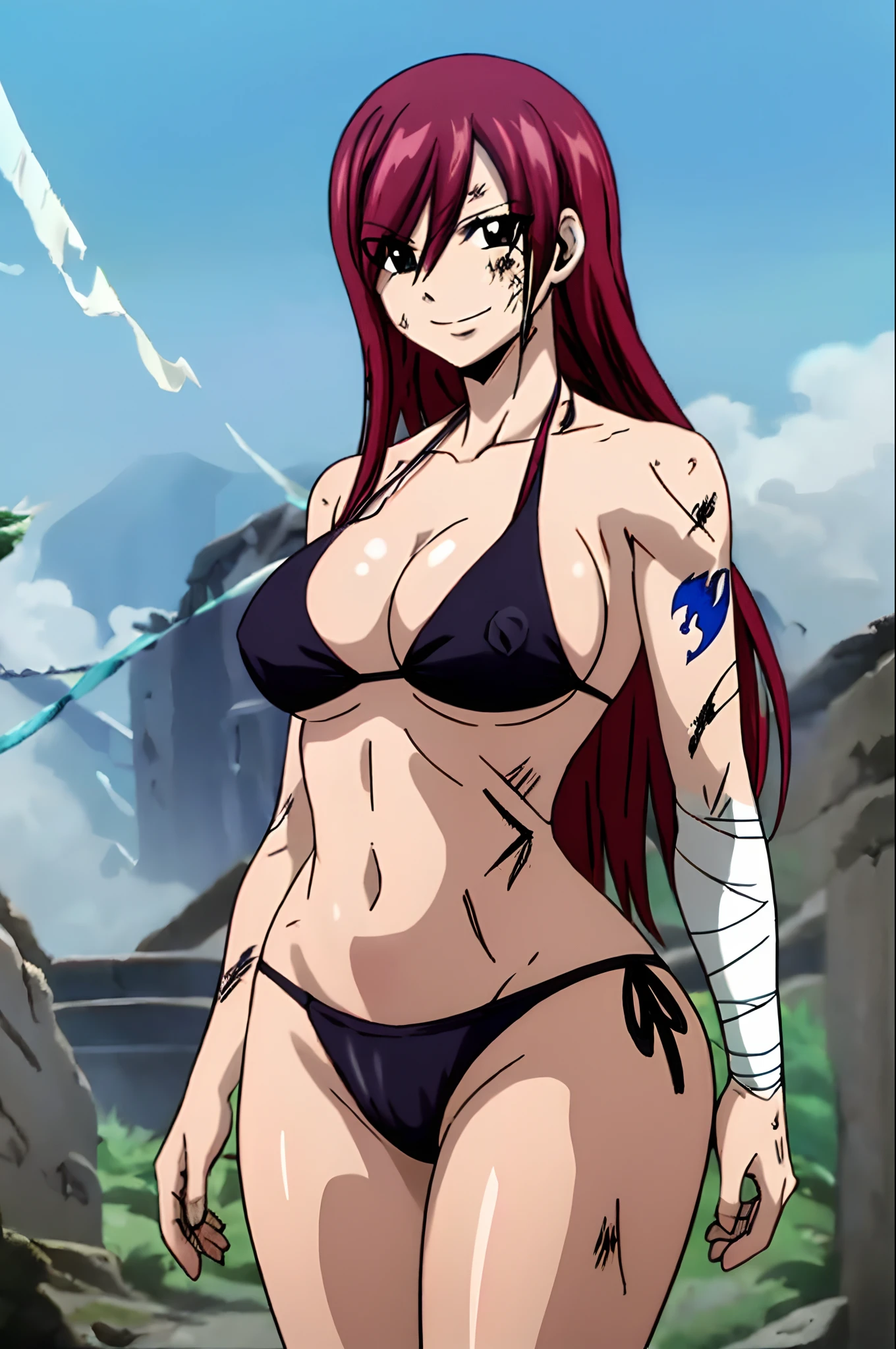 Scarlet erza, (tiny black bikini only), adult woman, big breasts, standing, cowboy shot, best quality, ((right shoulder)), slightly strong arms, looking at viewer, left shoulder tattoo, big smile, perfect body, injured, (bandages), knocked down