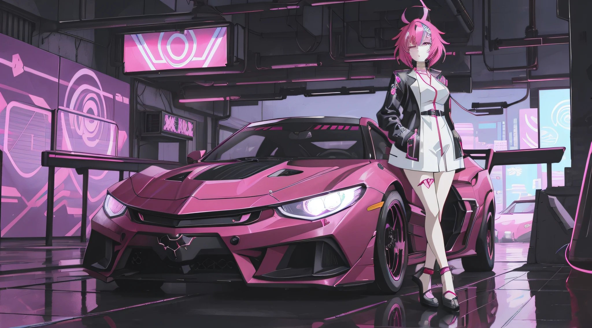 a woman standing next to a pink car in a garage, anime style 4 k, art deco outrun anime aesthestic, anime cyberpunk art, cyberpunk anime girl, cyberpunk anime art, 8 0 s anime vibe, digital cyberpunk anime art, female cyberpunk anime girl, anime style. 8k, modern cyberpunk anime, badass anime 8 k, anime vibes, 4k anime wallpaper