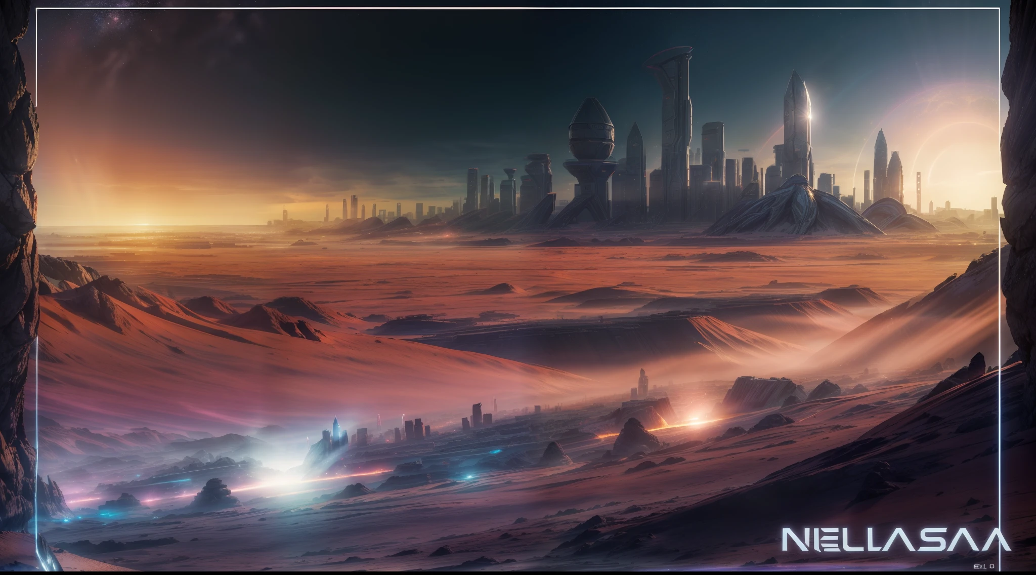 Uma foto de paisagem ampla, pan, (vista de longe, The sky is above and the open field is below), in the distance a large futuristic city on Mars, cidade cyberpunk, Spaceships fly over the city, (lua cheia: 1,2), dim sky, noite escura estrelada, (meteoro: 0,9), (nebulosa: 1,3 ), montanhas distantes , dunas de areia, (Luz Quente: 1.2), (estrelas: 1.2), Luzes, Muito Roxo e Laranja, Detalhes Intrincados, volumetric lighting BREAK (Obra-prima: 1.2), (Melhor Qualidade), (papel de parede 8k extremamente detalhado), foto realismo, octane render, NVIDIA ray tracing, 4k, Ultra Detalhado, (dynamic compositing: 1.4), Rico em Detalhes e Cor, (rainbow color: 1.2), (Brilho, Atmospheric Illumination), Sonhador, magica.