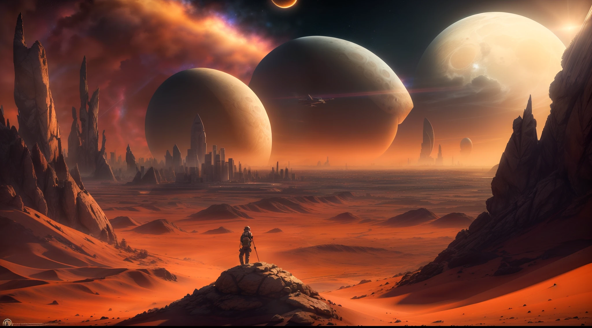 Uma foto de paisagem ampla, pan, (vista de longe, The sky is above and the open field is below), in the distance a large futuristic city on Mars, cidade cyberpunk, Spaceships fly over the city, (lua cheia: 1,2), dim sky, noite escura estrelada, (meteoro: 0,9), (nebulosa: 1,3 ), montanhas distantes , dunas de areia, (Luz Quente: 1.2), (estrelas: 1.2), Luzes, Muito Roxo e Laranja, Detalhes Intrincados, volumetric lighting BREAK (Obra-prima: 1.2), (Melhor Qualidade), (papel de parede 8k extremamente detalhado), foto realismo, octane render, NVIDIA ray tracing, 4k, Ultra Detalhado, (dynamic compositing: 1.4), Rico em Detalhes e Cor, (rainbow color: 1.2), (Brilho, Atmospheric Illumination), Sonhador, magica.