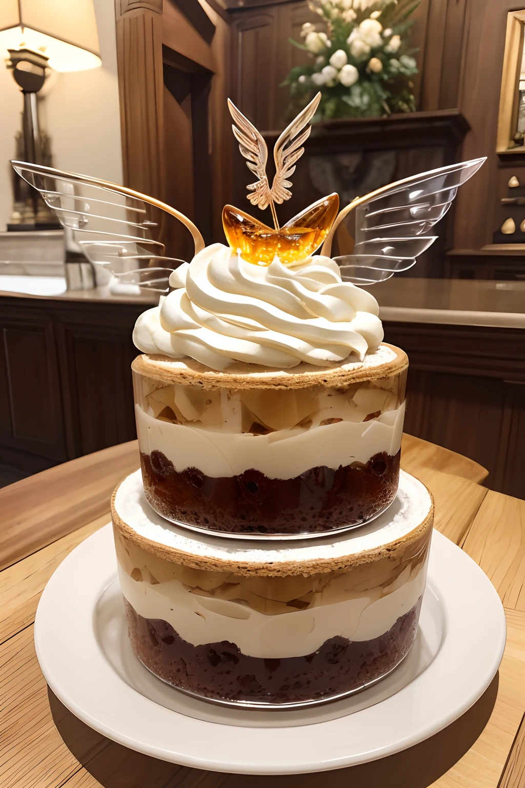 {{{{{masutepiece,Best Quality,ultra-detailliert}}}}},Chestnut parfait on whipped cream, There is a large piece of amber jelly,Cute angel wings sitting on jelly,