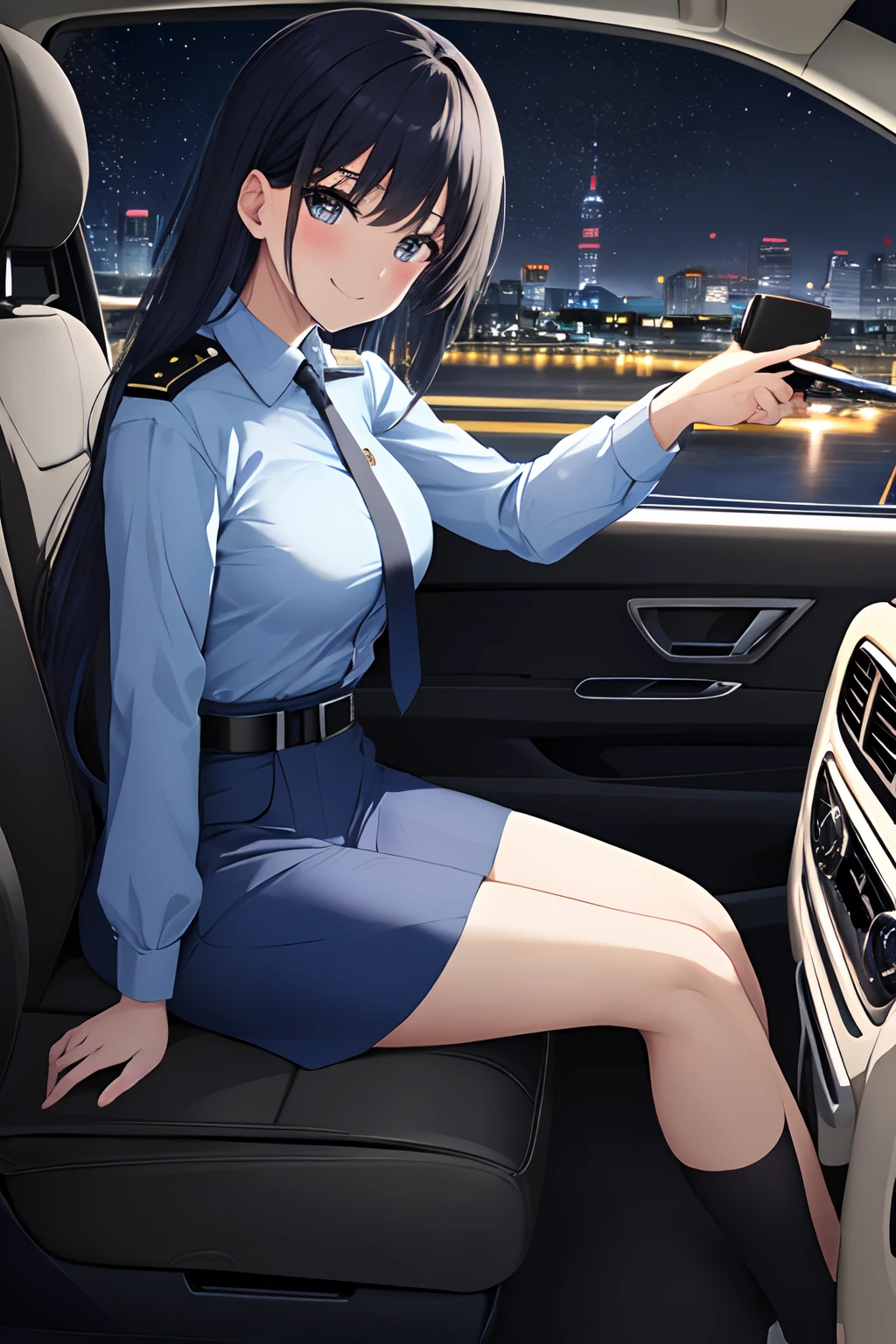 masterpiece, absurdres, perfect lighting, highres, best quality, 1girl, carinterior, police officer, blue clothes, handcuffs, night, flashing lights, black hair, shout,sitting, faster, speed, tokyo, steering wheel, from side, blush, smile, holding