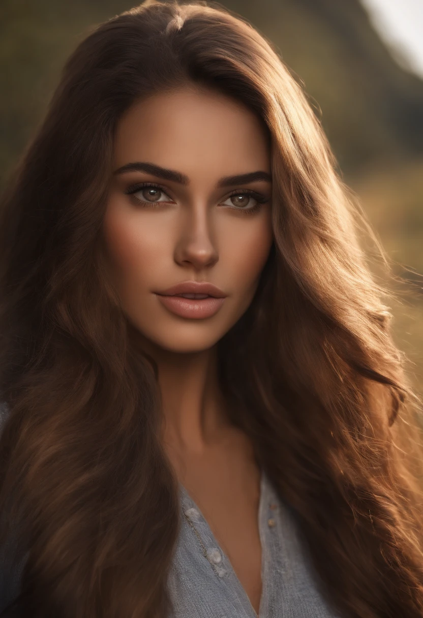 （Realista， high - resolution：1.3）， 1 chica con un cuerpo perfecto， super fine face and eyes，Cabello largo， sin camiseta， Vaqueros cortos， teta grande，cuerpo completo