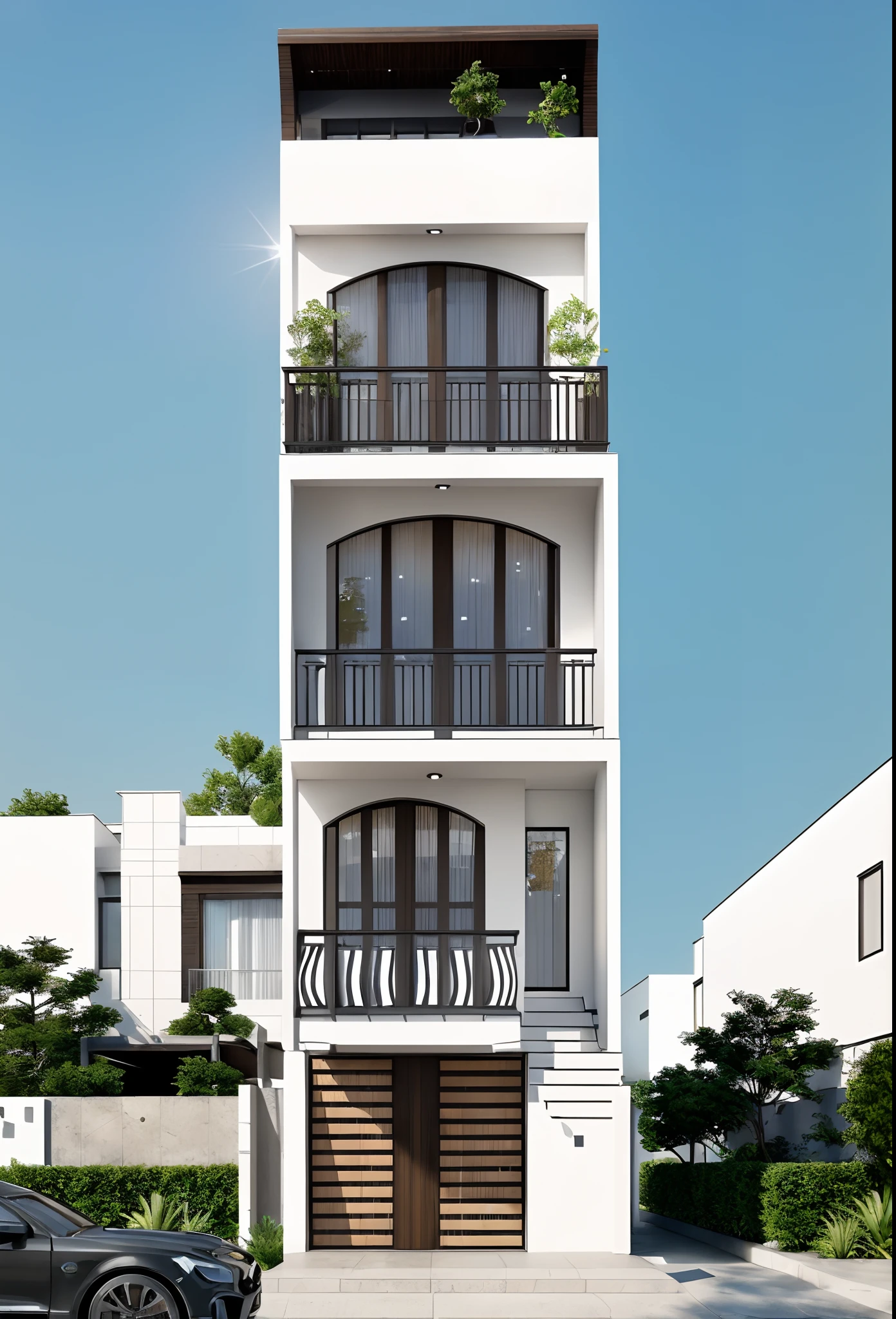 best quality,ultra-detailed,realistic,(modern architect,townhouse design:1.1),4-floor building, curved lines, curved windows, curved doors, (curved Handrail railing: 1.3), (((Roof covered with wood tile detail))), wooden gate door, render vray, background row of townhouses,trees along the road,professional,vivid colors,bokeh, (photo-realistic:1.5),(((hyper detail:1.5))), archdaily, award winning design, (dynamic light:1.3), (daylight:1.2), (perfect light:1.3), (shimering light :1.4) , refection glass windows, (curved line architecture arch:1.2), trees, beautiful sky, (day:1.1), photorealistic, (god ray:1.1), FKAA, TXAA, RTX, SSAO, Post Processing, Post-Production, CGI, VFX, SFX, Full color,((Unreal Engine 5)), Peter Guthrie SKY HDRi Collection 1739 Sun Clouds, 300 DPI, ultra-detailed, intricate detail, extreme detail, science, hyper-detail, DOF 60, aperture and distance should use a camera with a large sensor. The larger the sensor, the more light, Canon EOS R5 Camera + Lens RF 45MP full-frame CMOS sensor, 5-axis Image Stabilization (IBIS), (Advanced camera control shot on 35mm, Bokeh, , Tilt blur, Speed shutter speed 1/1000, f/32),((Lifelike)), Natural, ((Eye-catching))