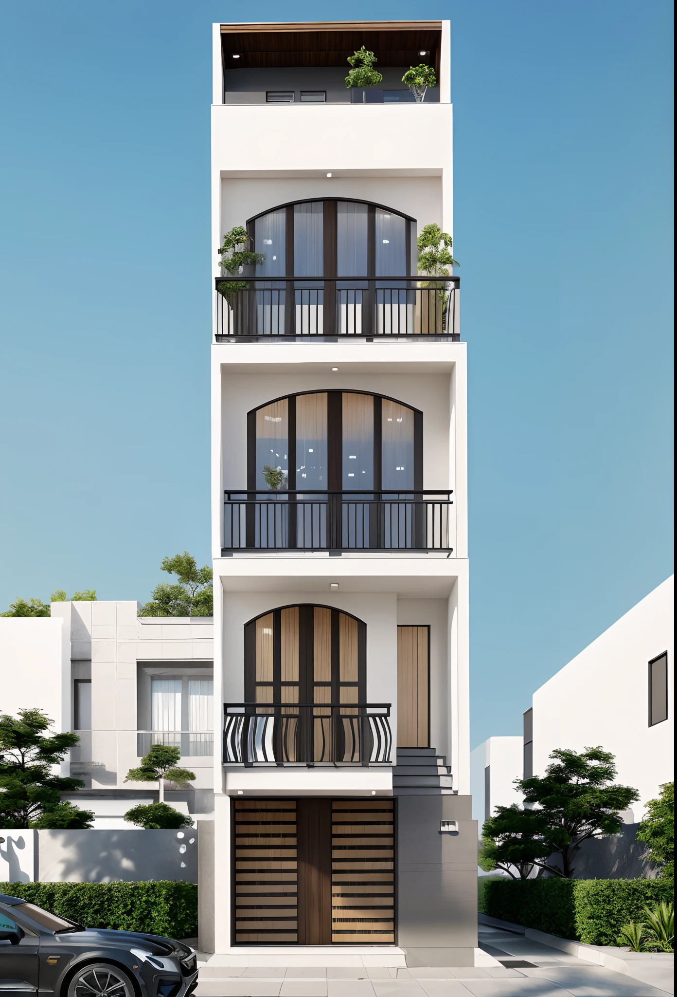 best quality,ultra-detailed,realistic,(modern architect,townhouse design:1.1),4-floor building, curved lines, curved windows, curved doors, (curved Handrail railing: 1.3), (((Roof covered with wood tile detail))), wooden gate door, render vray, background row of townhouses,trees along the road,professional,vivid colors,bokeh, (photo-realistic:1.5),(((hyper detail:1.5))), archdaily, award winning design, (dynamic light:1.3), (daylight:1.2), (perfect light:1.3), (shimering light :1.4) , refection glass windows, (curved line architecture arch:1.2), trees, beautiful sky, (day:1.1), photorealistic, (god ray:1.1), FKAA, TXAA, RTX, SSAO, Post Processing, Post-Production, CGI, VFX, SFX, Full color,((Unreal Engine 5)), Peter Guthrie SKY HDRi Collection 1739 Sun Clouds, 300 DPI, ultra-detailed, intricate detail, extreme detail, science, hyper-detail, DOF 60, aperture and distance should use a camera with a large sensor. The larger the sensor, the more light, Canon EOS R5 Camera + Lens RF 45MP full-frame CMOS sensor, 5-axis Image Stabilization (IBIS), (Advanced camera control shot on 35mm, Bokeh, , Tilt blur, Speed shutter speed 1/1000, f/32),((Lifelike)), Natural, ((Eye-catching))
