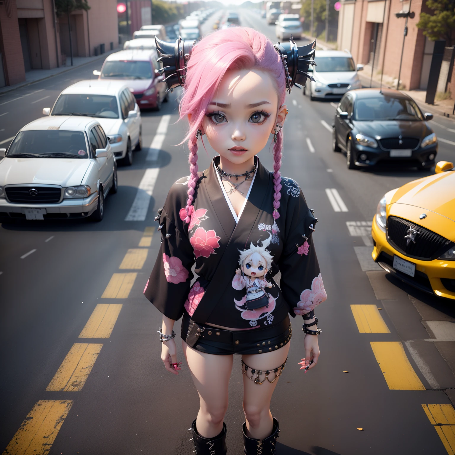 Cute  Chibi Anime,(((Chibi 3D))) (Best Quality) (Master Price)、Innovative Jewelry Decoration Costume Funa Kimono、long hair with pale blue braids、(punk fashion:1.6)Amiage Boots、( traffic jam:1.5)