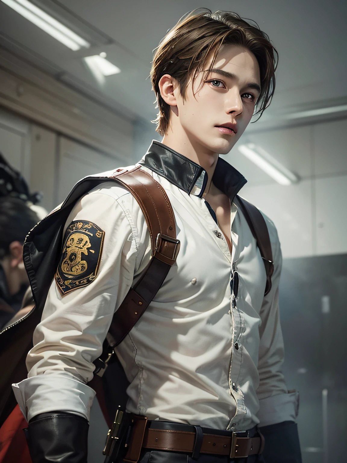 1boy, teenager, light brown hair, stoic, solo focus teenager face, white shirt, handsome, smiling, realistic, dynamic pose realistic, detailed and correct facial structure, LEON S. KENNEDY, handsome, extremely detailed, dynamic angle, cowboyshot, the most beautiful form of chaos, elegant, a brutalist designed, vivid colours, romanticism, by james jean, roby dwi antono, ross tran, francis bacon, michal mraz, adrian ghenie, petra cortright, gerhard richter, takato yamamoto, ashley wood, atmospheric