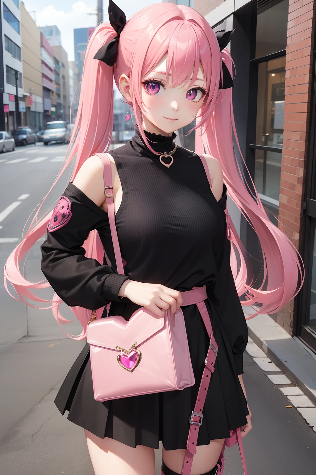 full body Esbian, masutepiece: 1.2, Highest Quality), (Live-action, elaborate details), (1 Lady, Solo, Upper body,) Clothing: Edgy, Black long jumper, pink miniskirt, long hair with pink twin tails,,,,、Avant-garde, Experimental appearance: Long pink twin tail hair 、Heart-shaped choker、The location: bustling city、Solo, Nice smile、Value Creation in Mixed Media Art: individuality, authenticity, Creative expression