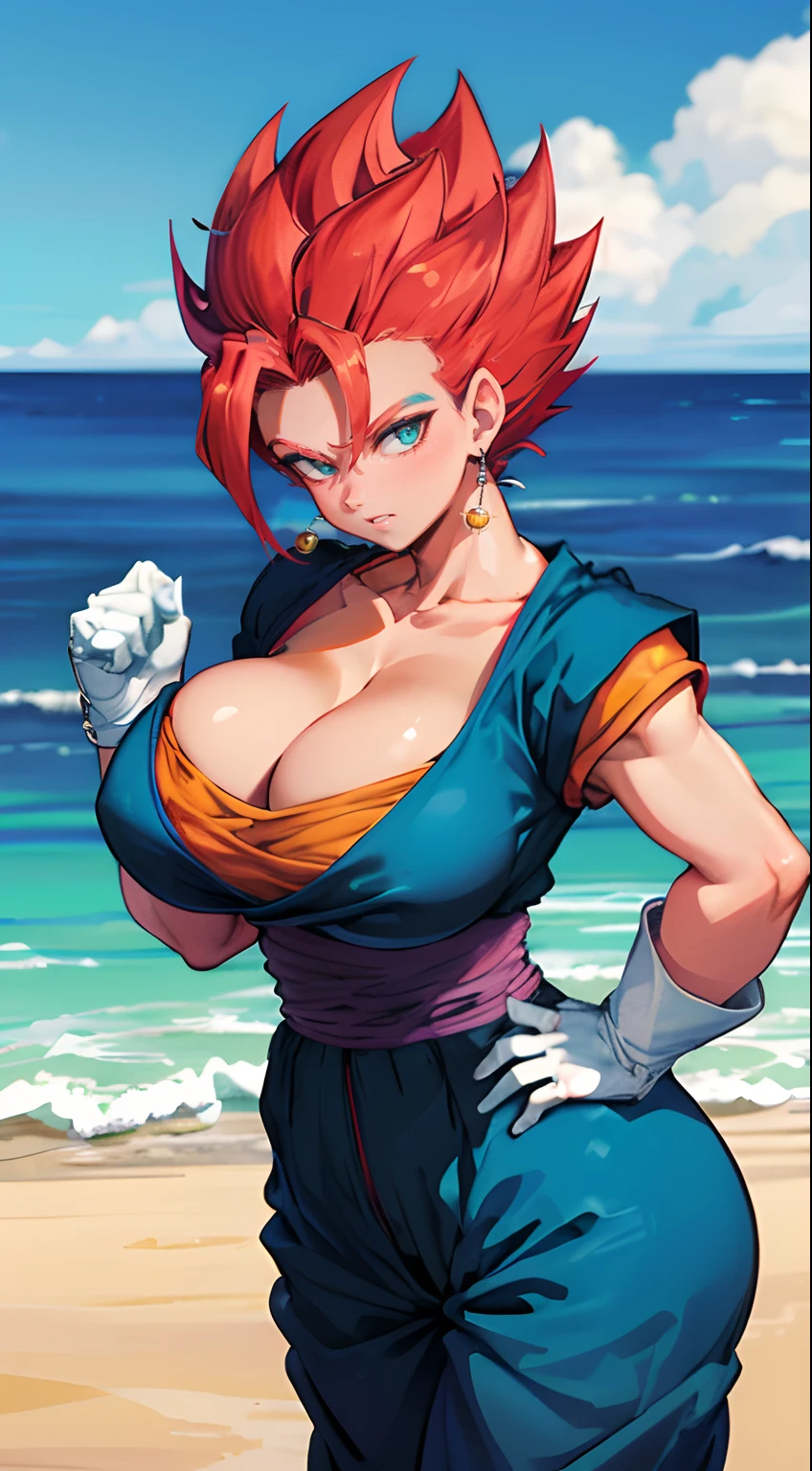 vegetto, 1 sexy girl, spiked hair, potara, white gloves, big tits, big ass, tight suit, victory pose, thin hips, looking at viewer, front view., vegetto, spiked hair, potara, white gloves(( big breasts) ((beach))