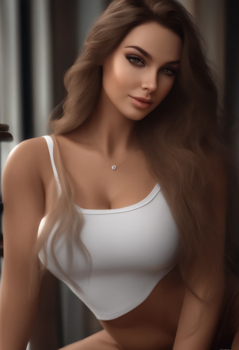(Realista, high - resolution:1.3), 1 chica con un cuerpo perfecto, super fine face and eyes,Cabello largo, Camiseta sin mangas de colores aleatorios:1.2, Vaqueros cortos, teta grande,Exponer el escote