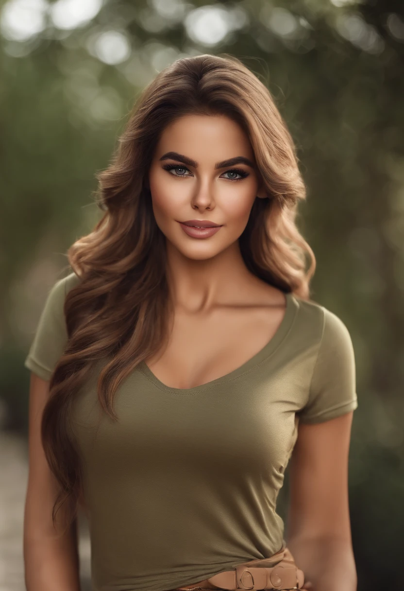 （Realista， high - resolution：1.3）， 1 chica con un cuerpo perfecto， super fine face and eyes，Cabello largo， Camiseta sin mangas de colores aleatorios：1.2， Vaqueros cortos， teta grande，Exponer el escote