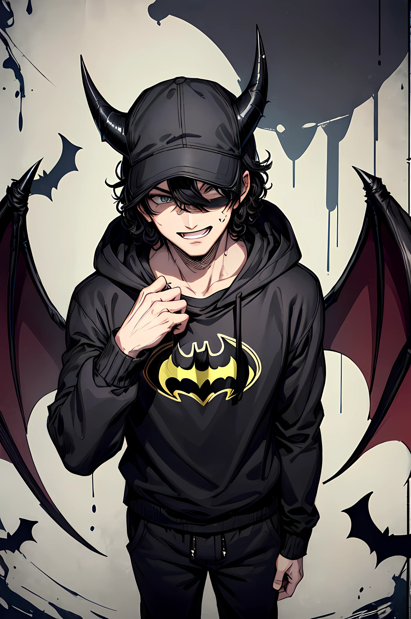 best quality,masterpiece,original,extremely detailed wallpaper,looking at viewer,1boy,solo,male,male focus,black hair,curly hair,hair between eyes,batman logo print on black shirt,black hood,black joggers,anger vein,black fur cap,giggling, horns on cap,bat wings,standing,