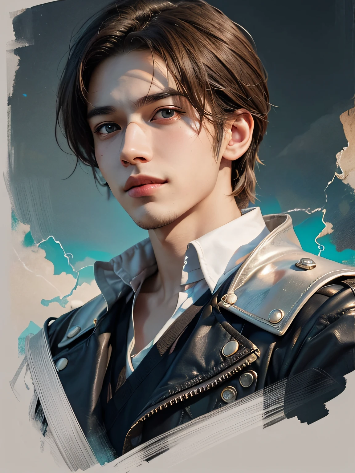 1boy, ager, light brown hair, stoic, solo focus teen face, white shirt, handsome, smiling, realistic, dynamic pose realistic, detailed and correct facial structure, LEON S. KENNEDY, handsome, extremely detailed, dynamic angle, cowboyshot, the most beautiful form of chaos, elegant, a brutalist designed, vivid colours, romanticism, by james jean, roby dwi antono, ross tran, francis bacon, michal mraz, adrian ghenie, petra cortright, gerhard richter, takato yamamoto, ashley wood, atmospheric