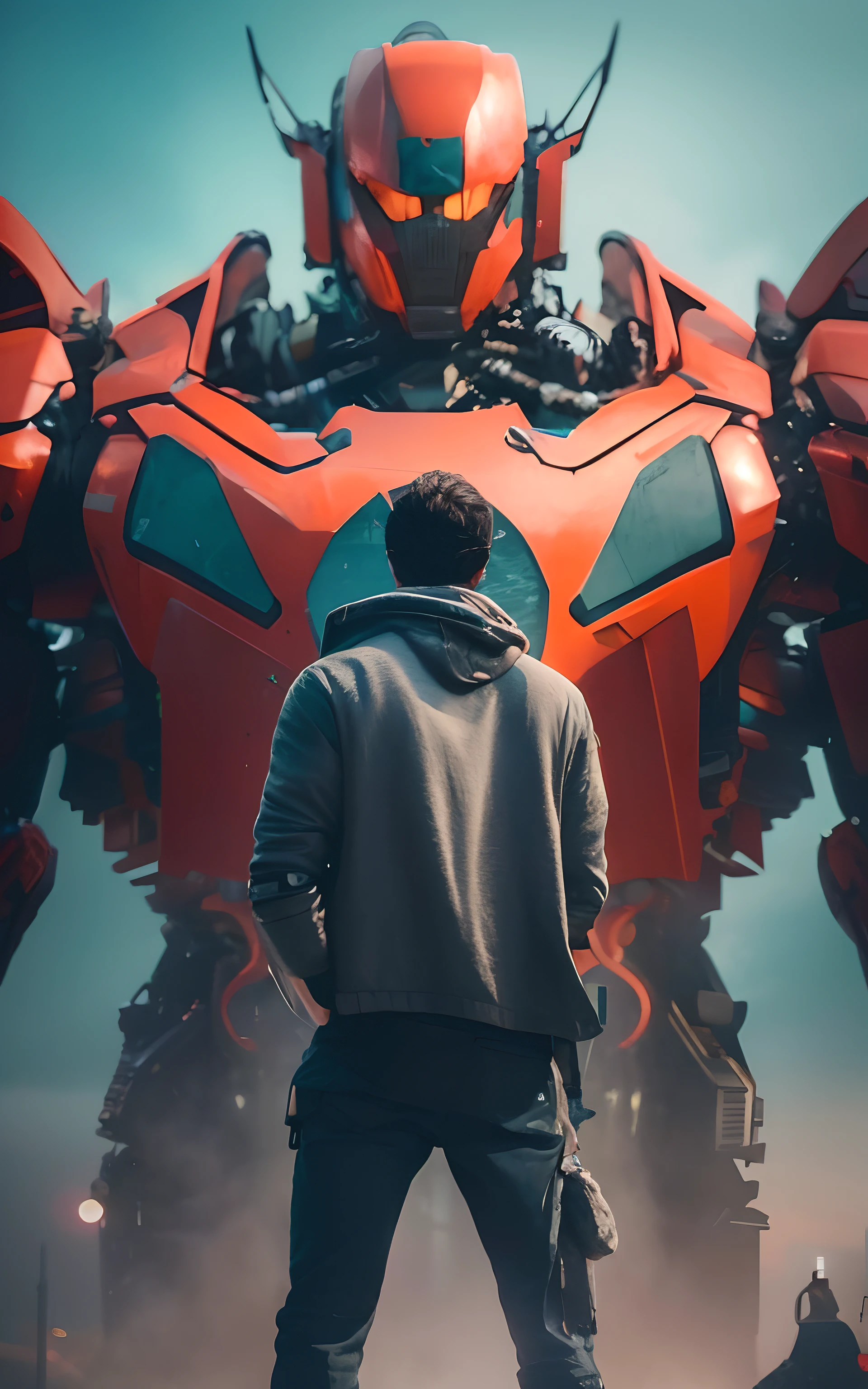 a man standing in front of a giant robot in a movie, transformers cinematic universe, wojtek fus, robot monster in background, pacific-rim-mech in background, cliffjumper, transformers, transformers tech, beeple and tim hildebrandt, cinematic beeple, portrait of a mech, by Mike Winkelmann, # film, in the movie transformers