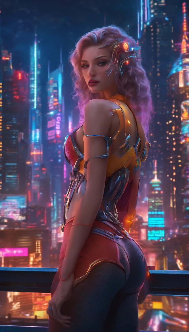 looking down on the camera,full body shot shot,Cyberpunk Style,She has six robotic arms,(Best quality,4K,A high resolution,Ultra-detailed:1.2),Vivid colors,Sharp focus,Physically-based rendering,Extreme detail description,professional,Portrait,Mechanical transparent waist,Long white cascading hair,Perfect facial features,Incredible breasts hang in front of you, Unbelievably exaggerated big buttocks, Wide hips, Incredibly long muscular legs take up two-thirds of the body,Glamorous knitted heels,Unbelievable,Extremely detailed eyes and face,Long eyelashes, Confident and powerful facial expressions,Stand in the futuristic garden, vibrant setting, Colorful flowers and plants,Soft sunlight casts a warm glow on the spot.