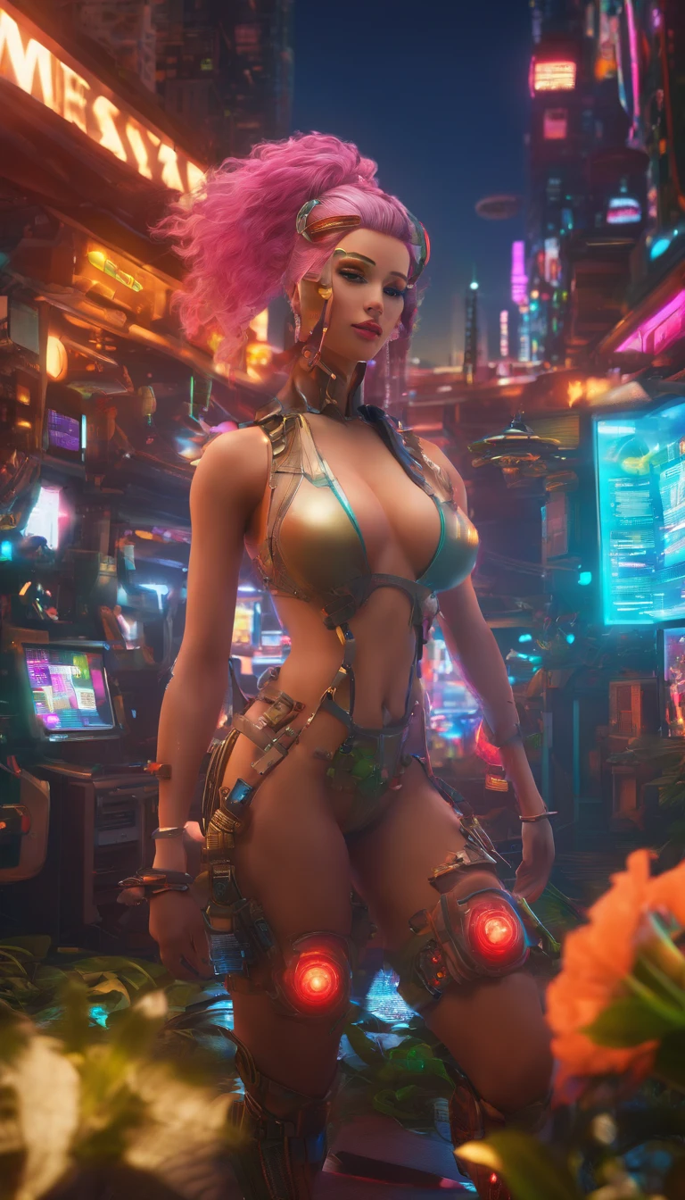 looking down on the camera，full body shot shot，Cyberpunk Style，She has six robotic arms，(Best quality,4K,A high resolution,Ultra-detailed:1.2),Vivid colors,Sharp focus,Physically-based rendering,Extreme detail description,professional,Portrait,Mechanical transparent waist,Long white cascading hair,Perfect facial features,Incredible breasts hang in front of you, Unbelievably exaggerated big buttocks, Wide hips, Incredibly long muscular legs take up two-thirds of the body,Glamorous knitted heels,Unbelievable,Extremely detailed eyes and face,Long eyelashes, Confident and powerful facial expressions,Stand in the futuristic garden, vibrant setting, Colorful flowers and plants,Soft sunlight casts a warm glow on the spot.