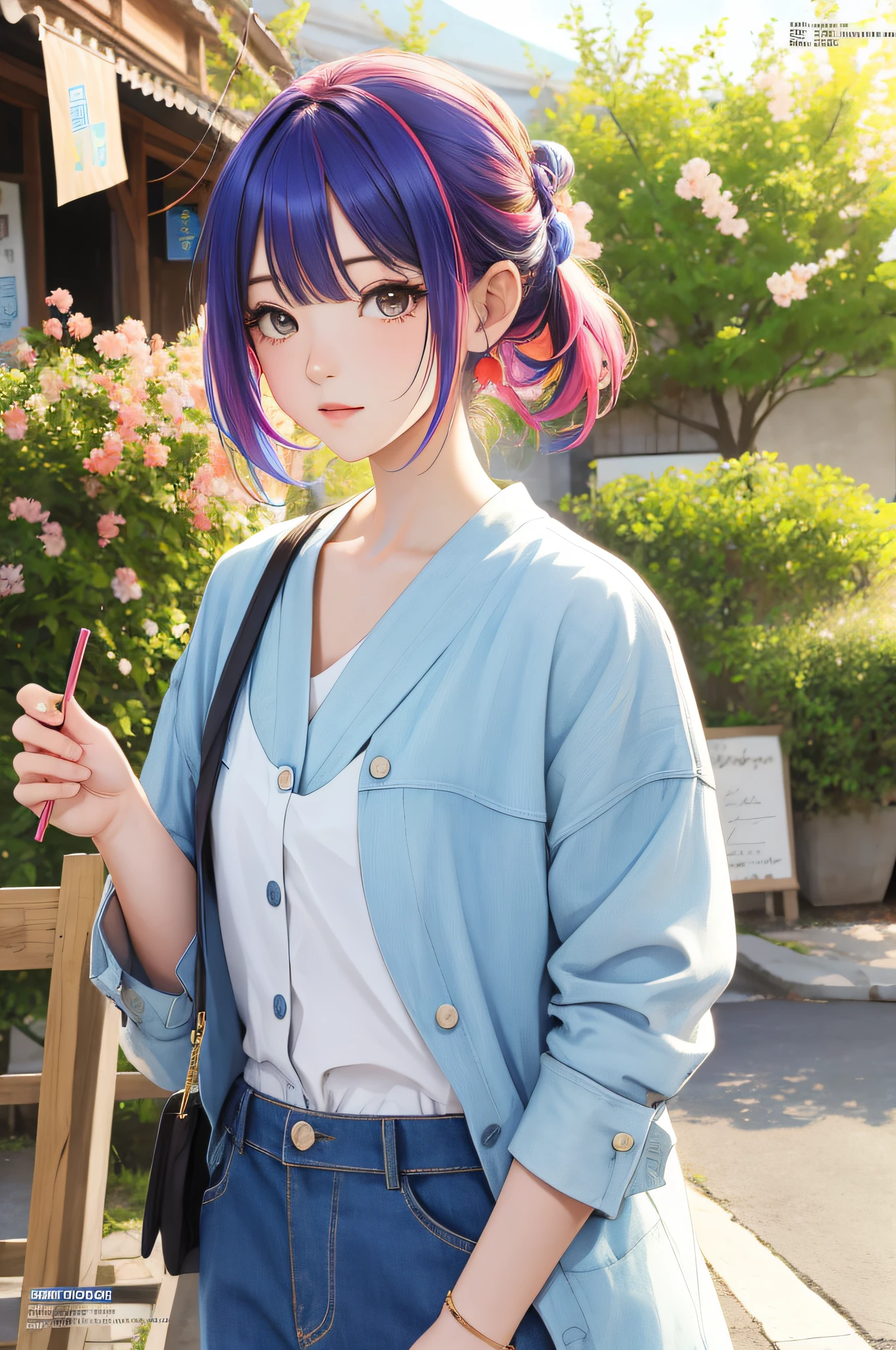 masutepiece, Best Quality, spring outfit, Colorful hair, plein air, MagazineCover ,Upper body,