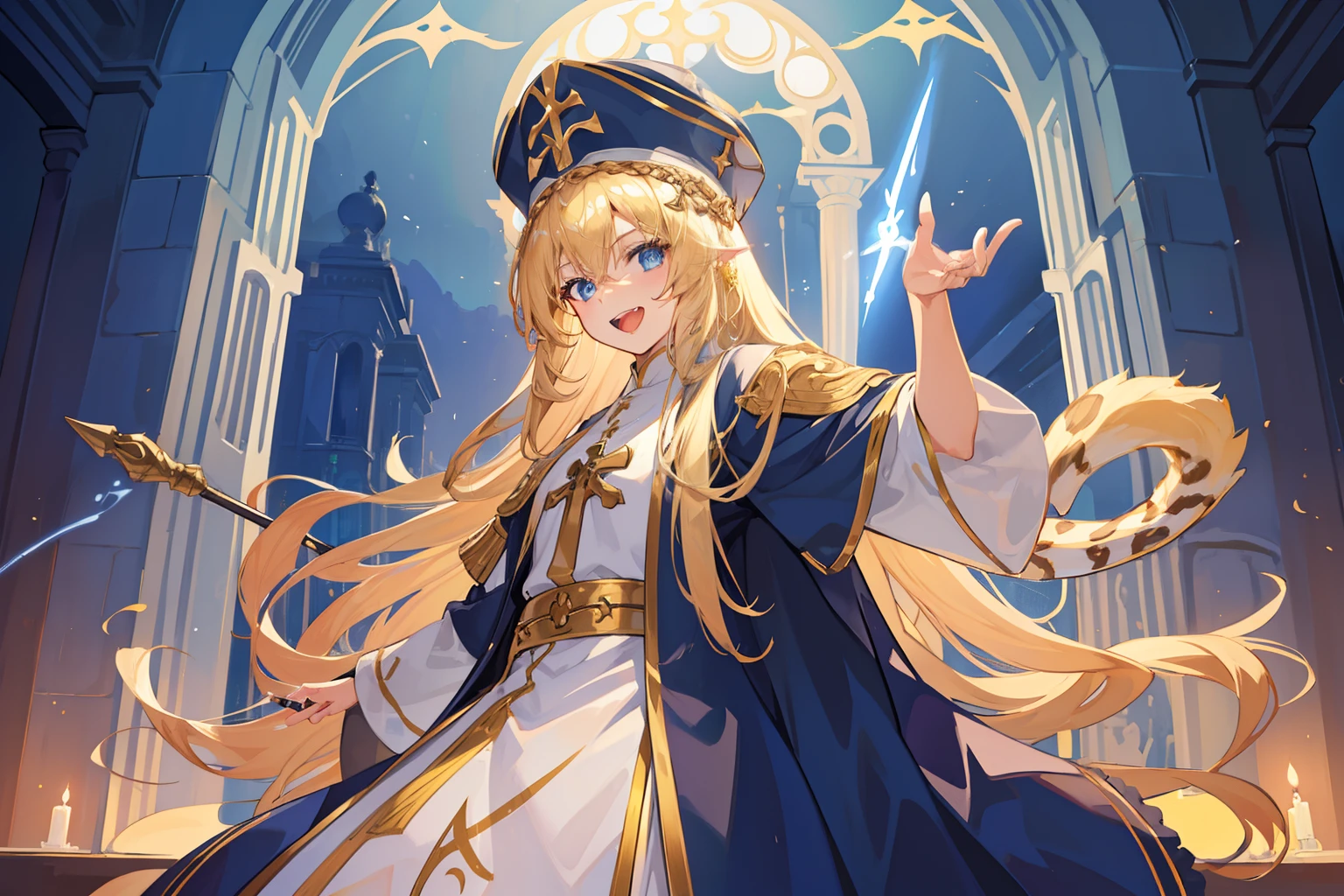 cinematic lighting, 8K, masterpiece, 1 girl, leopard, (tail:1.3), blonde hair, long hair, blue eyes, (white priest clothes:1.2), tall hat, holding wand, standing, open mouth, smile, hand sign, from side, look at viewer