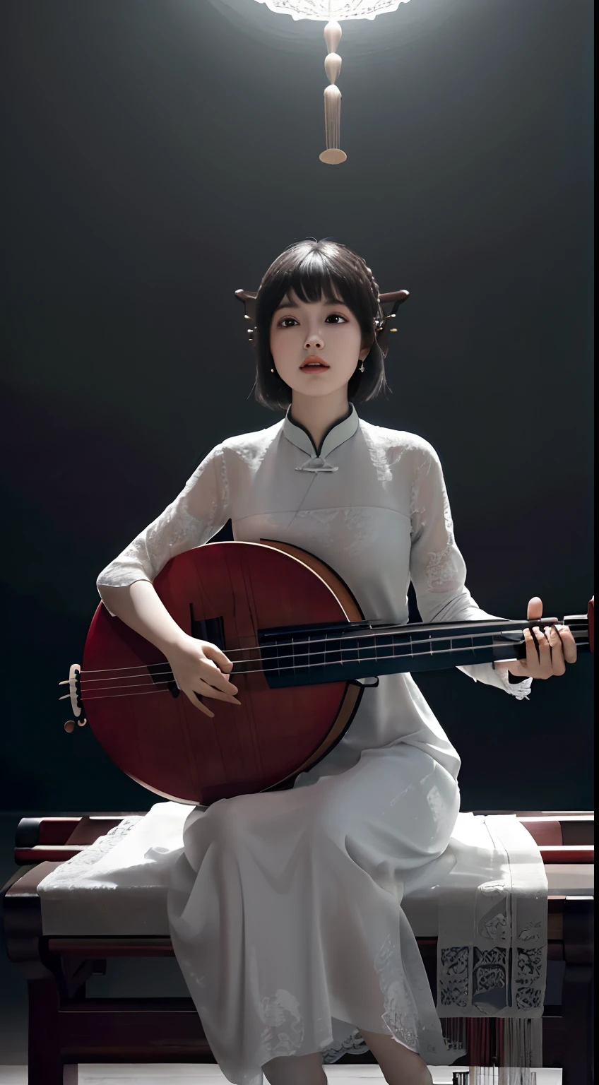 (best shadow), (award winning), (masterpiece), vast landscape photos, (from below, sky above, orcestral, a girl with white plain intricate dress, looking up with a zither, epic background, orchestra, cinematic light, Hairstyle Bangs, Seated, Playing Guzheng, Guzheng, Guqin