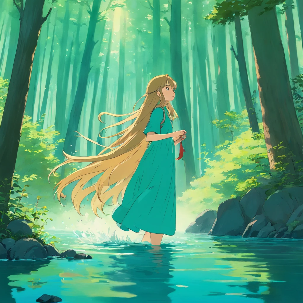 The forest shadows sway gently in the haze. She scoops up the lake water, washing her long wavy hair.