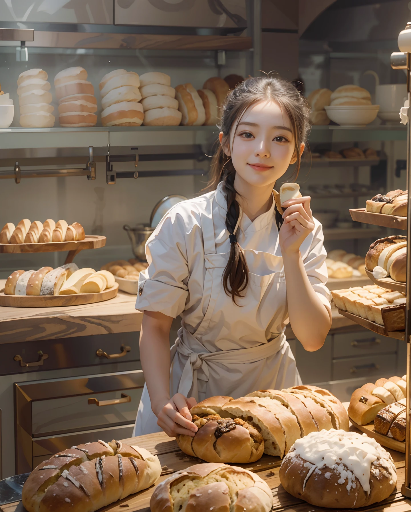 masutepiece、hight resolution、The bakery of the future、Woman making delicious bread、２５Year old girl、１Girl clerk、Looking at the camera、smil、Finish as shown in the photo、Bread and beauty、the skin is white and beautiful、