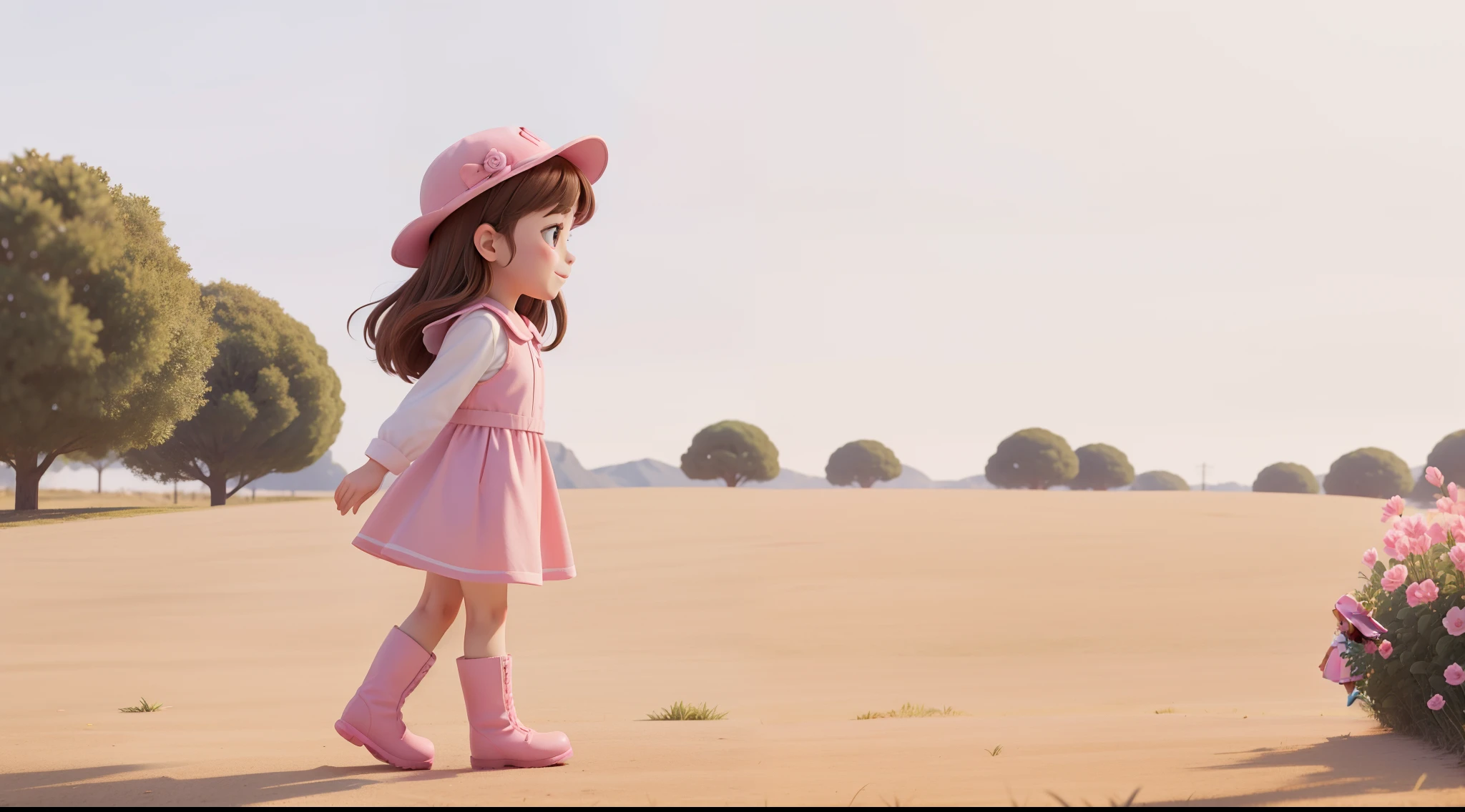 "Profile picture of a girl walking, character animation frames, identical character design in the frames, the girl is alone, happy, brown hair, brown eyes, rosy cheeks, pink farm outfit, pink hat, pink boots, vertical image, white background."