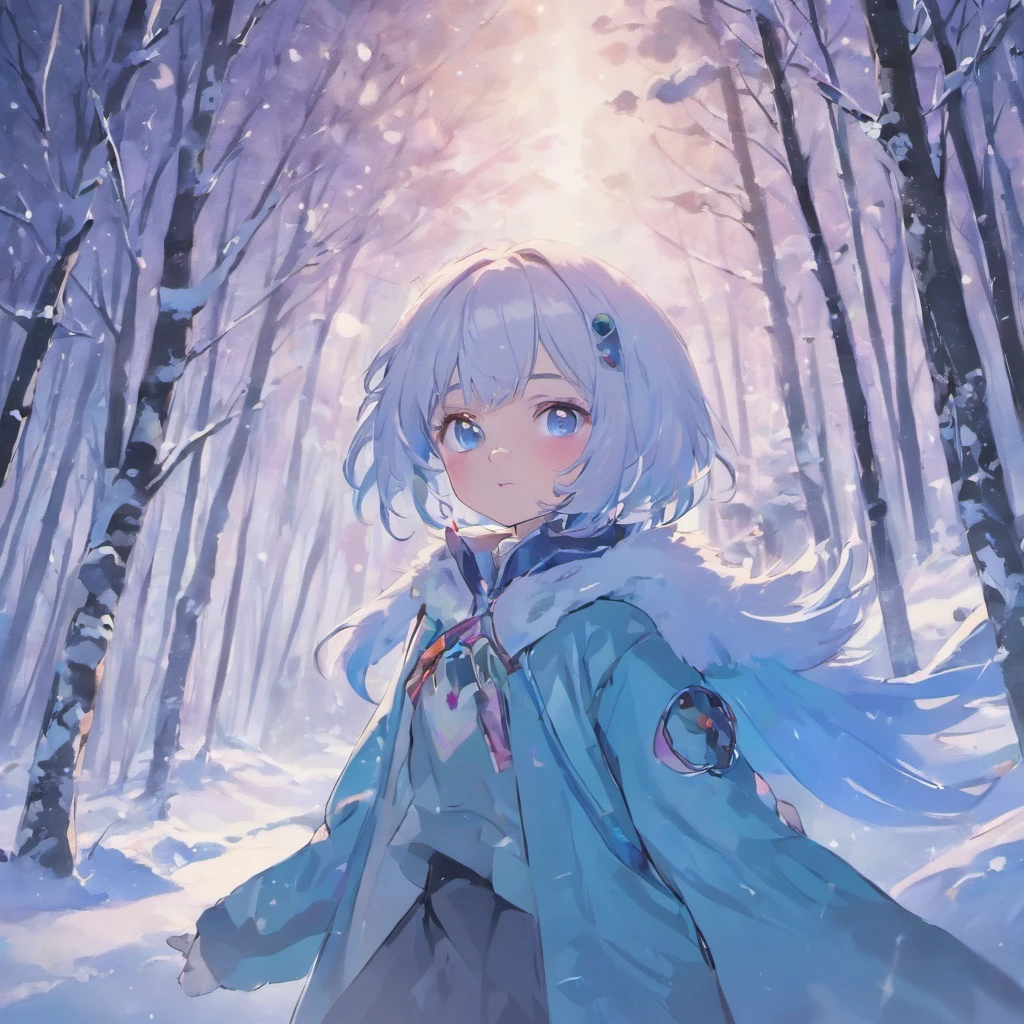 girl,huge tit、tchibi、Lori、 blue eyes, white hair, focus at face, Snowy forest, animesque