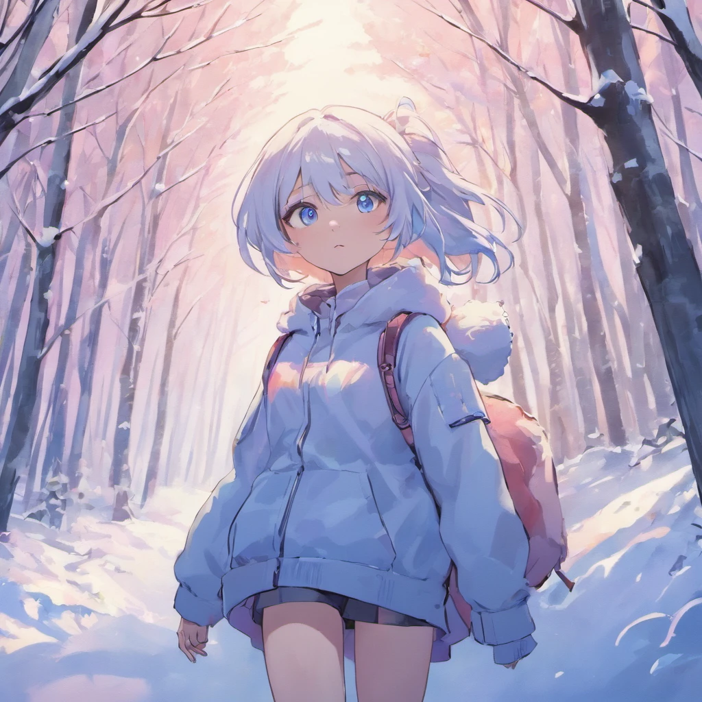 14 years old girl,huge tit、tchibi、Lori、 blue eyes, white hair, focus at face, Snowy forest, animesque