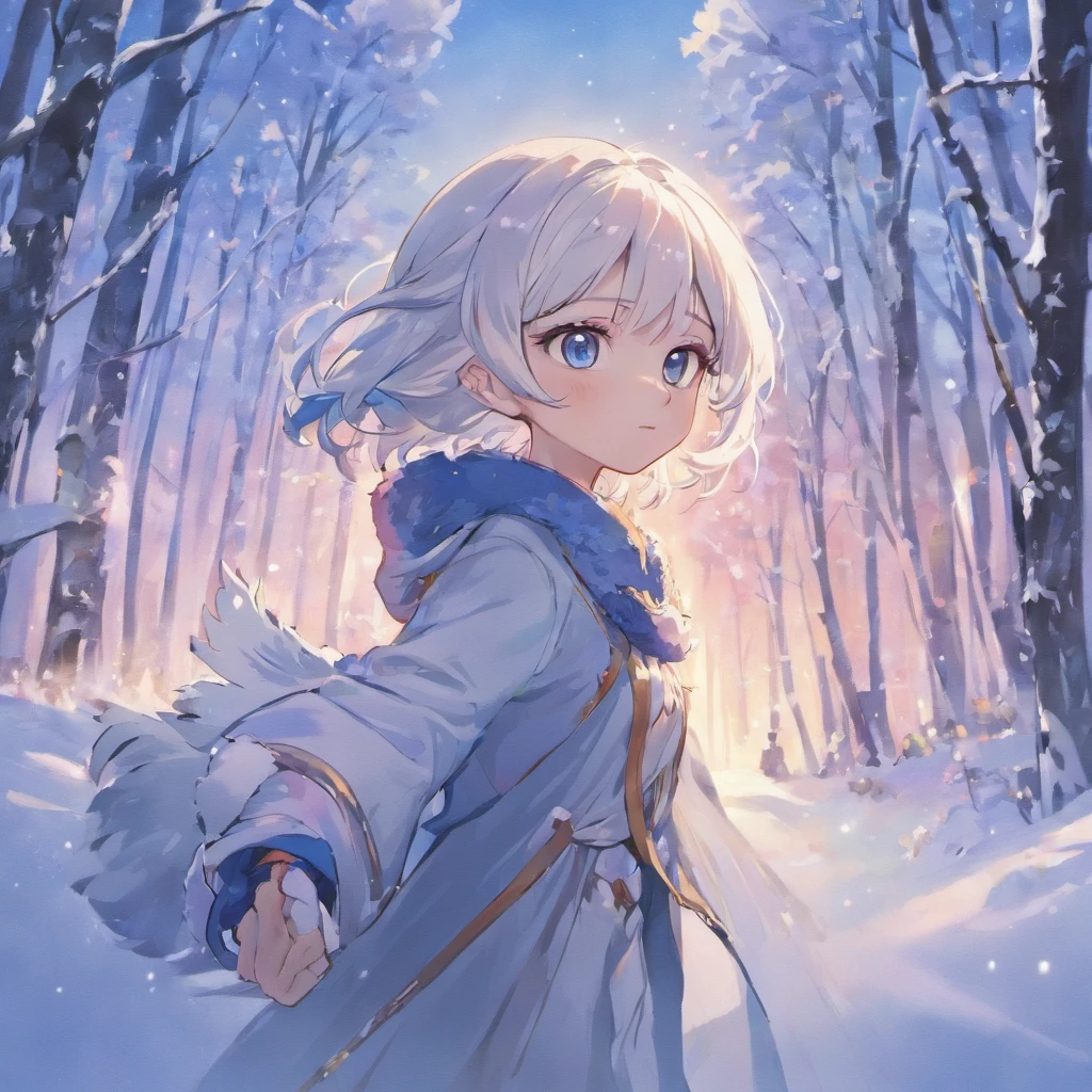 14 years old girl,huge tit、tchibi、Lori、 blue eyes, white  hair, focus at face, Snowy forest, animesque