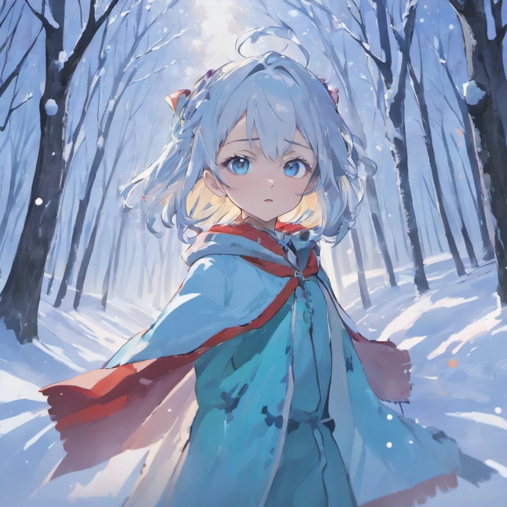 14 years old girl,huge tit、tchibi、Lori、 blue eyes, white  hair, focus at face, Snowy forest, animesque