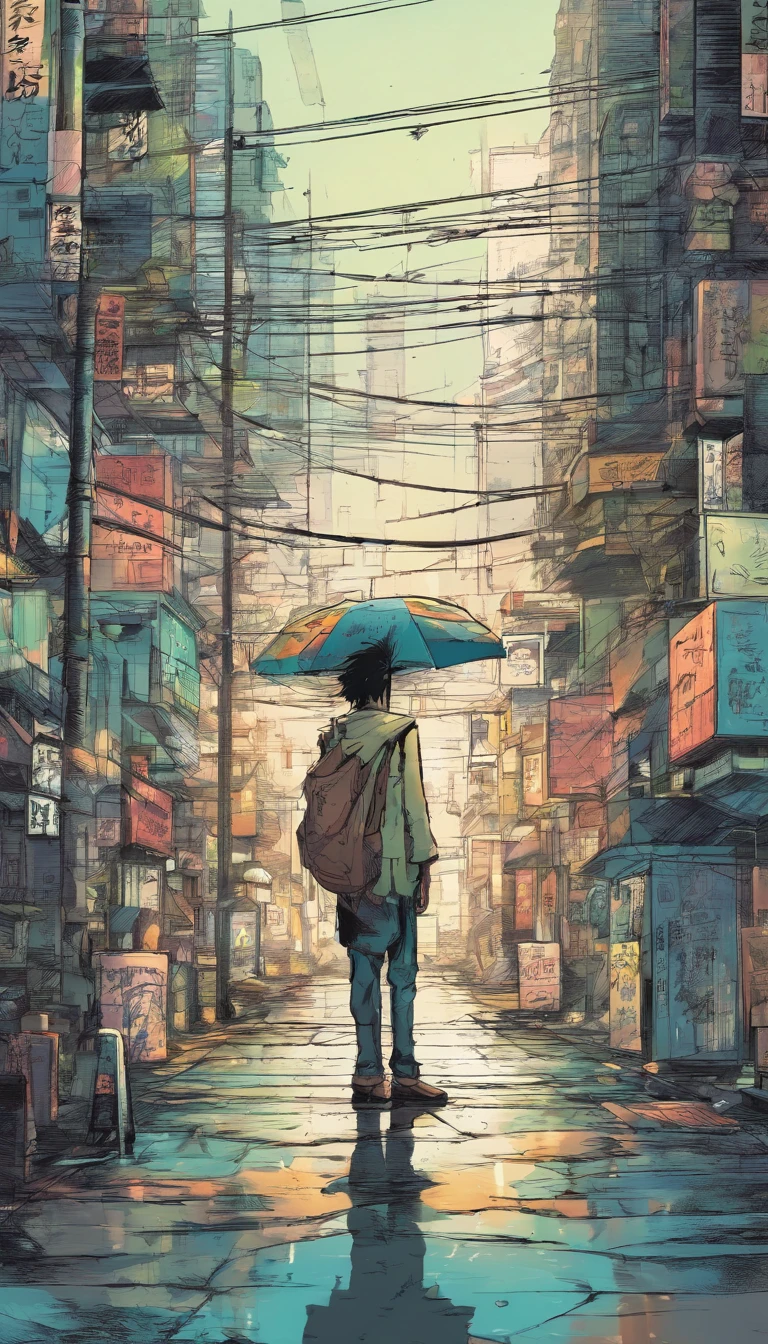 Japanese comics, the comic story is presented in multiple irregular panels with color. An Indian artist facing hardships while creating  a beautiful artwork in rainy season in streets. The style is exaggerated and detailed