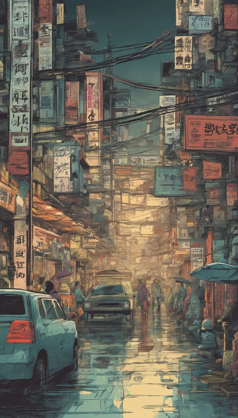 Japanese comics, the comic story is presented in multiple irregular panels with color. An Indian artist facing hardships while creating  a beautiful artwork in rainy season in streets. The style is exaggerated and detailed