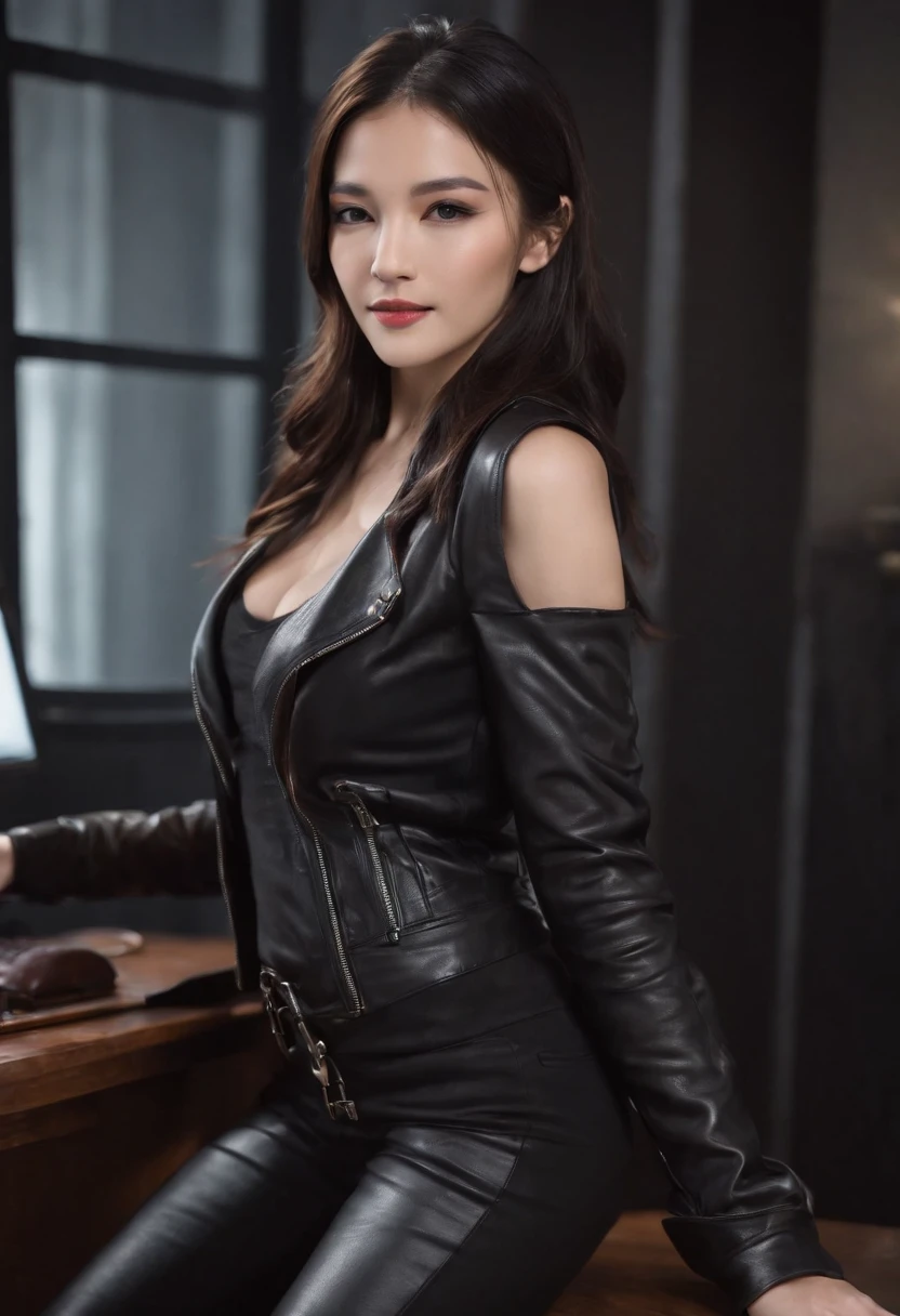 Wearing black leather gloves in both hands Upper body Black leather riders jacket Black leather skinny pants Black leather long boots Necklace on the chest Smiling at the desk in the modern study in the dark, long straight black hair Young Japanese woman (black leather gloves cover both hands) With the fingers of black leather gloves, sitting on a leather chair, working on the computer, staring at the screen