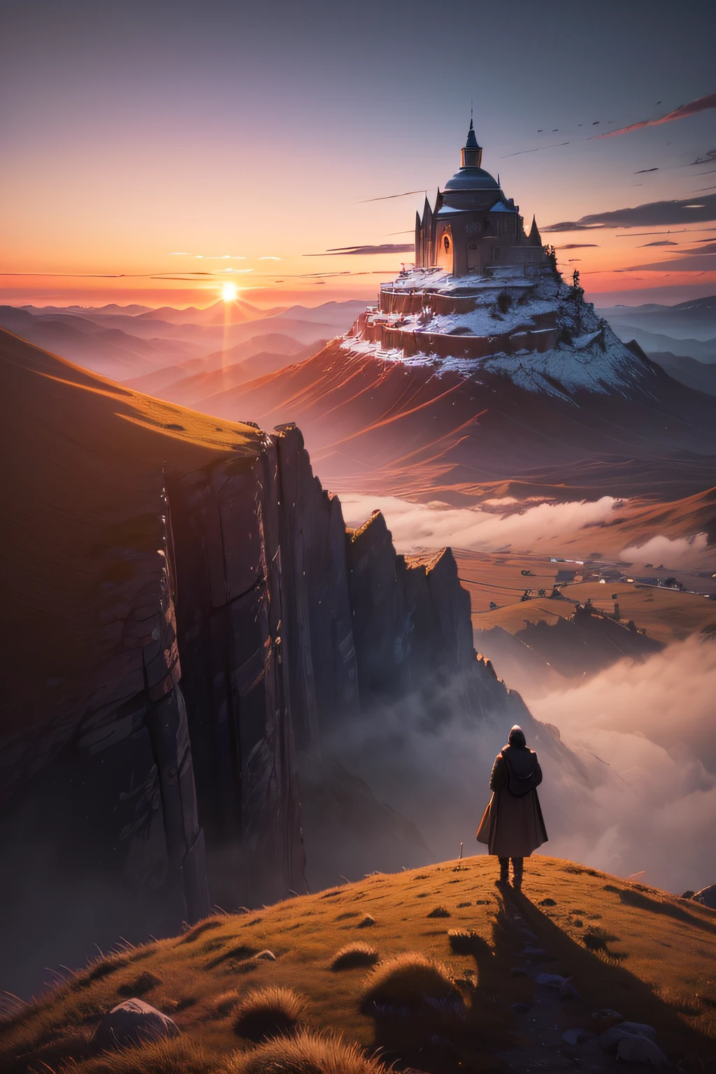 Best quality,A high resolution,(Realistic:1.37),Dramatic lighting,hilltop,stark landscape,gorgeous sunset,Colored clouds,strong winds,rugged terrain,solemn atmosphere,Lonely figure praying,A silhouette against the sky,Deep faith,True focus,True believers,Divine connection,Spiritual journey,Holy moments,enchanting landscape,Sublime beauty,Witness divine surrender,Hypnotic colors,mystical aura,Awesome panorama,Dusk,